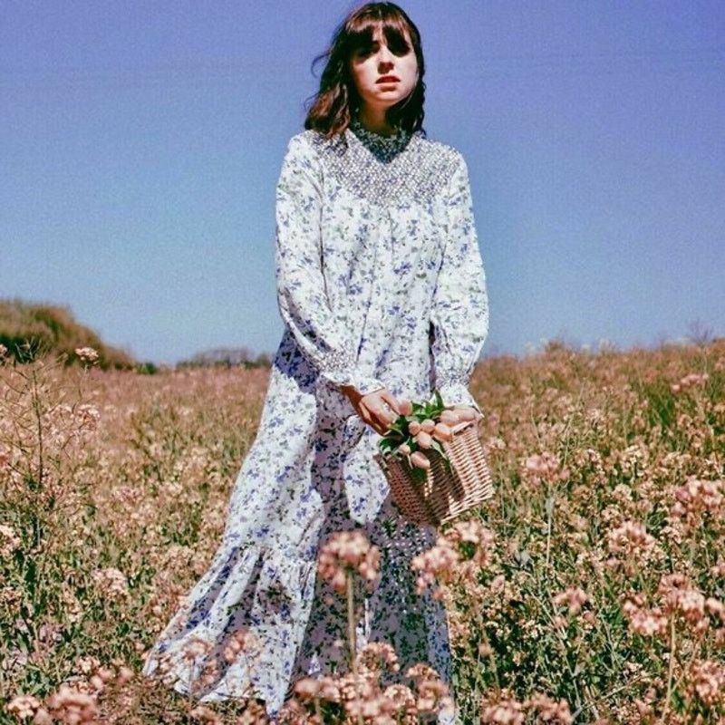 Zara Ivory Floral Linen Smocked Long Sleeve Cottage Dress - www.tita.cl