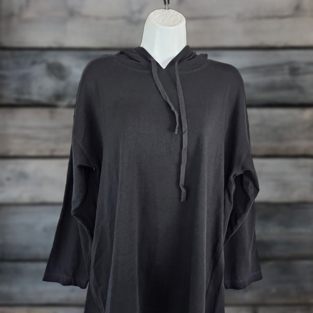Eileen Fisher Womens Hoodie Sz Medium Solid Black Cotton Blend Pullover Lightweight Activewear 90s?