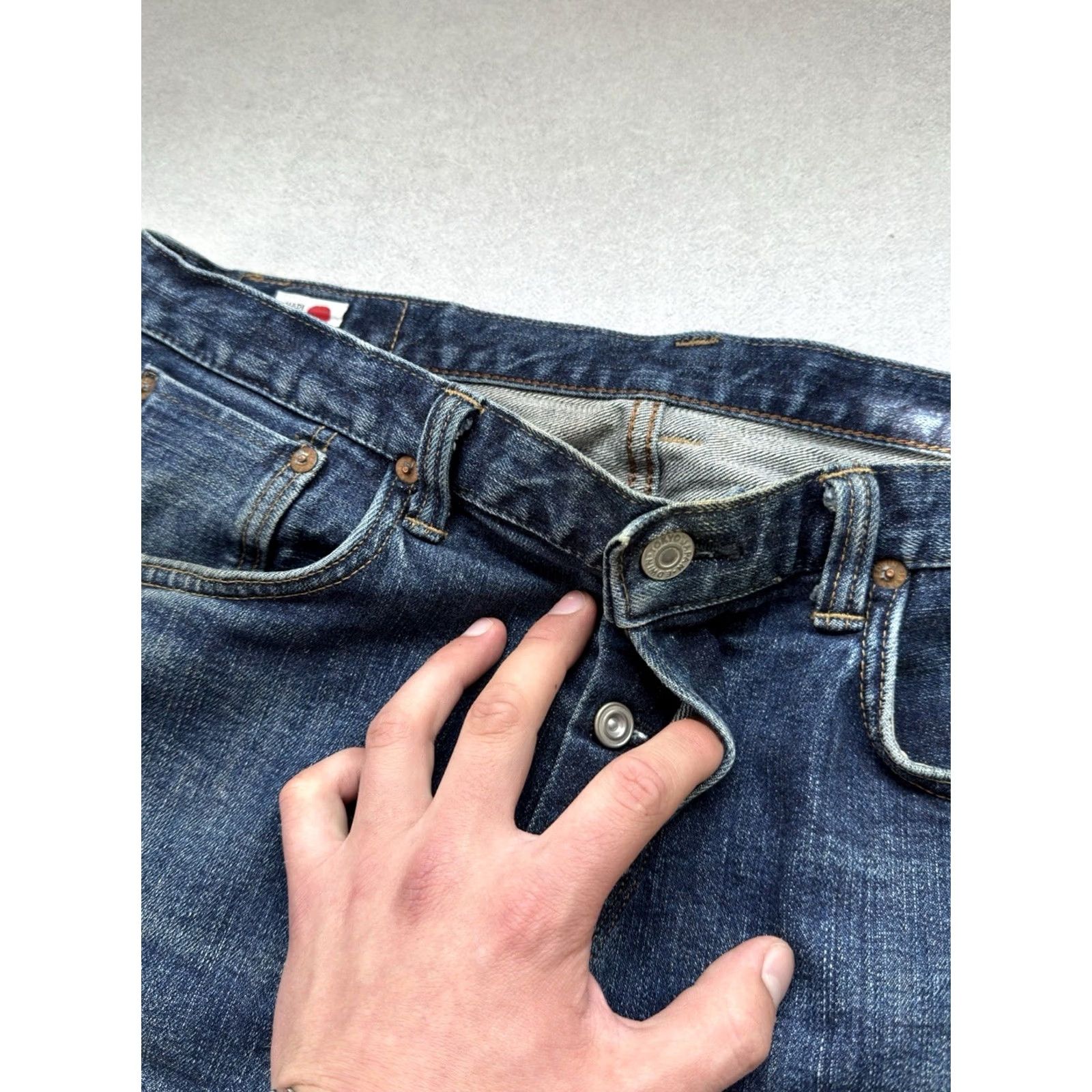 Edwin VINTAGE Edwin Jeans Men Size M 32x32 Selvedge Blue Denim Straight 90s USA Japan Edvin Jeans Streetwear Casual Designer Size US 31 - 6 Thumbnail