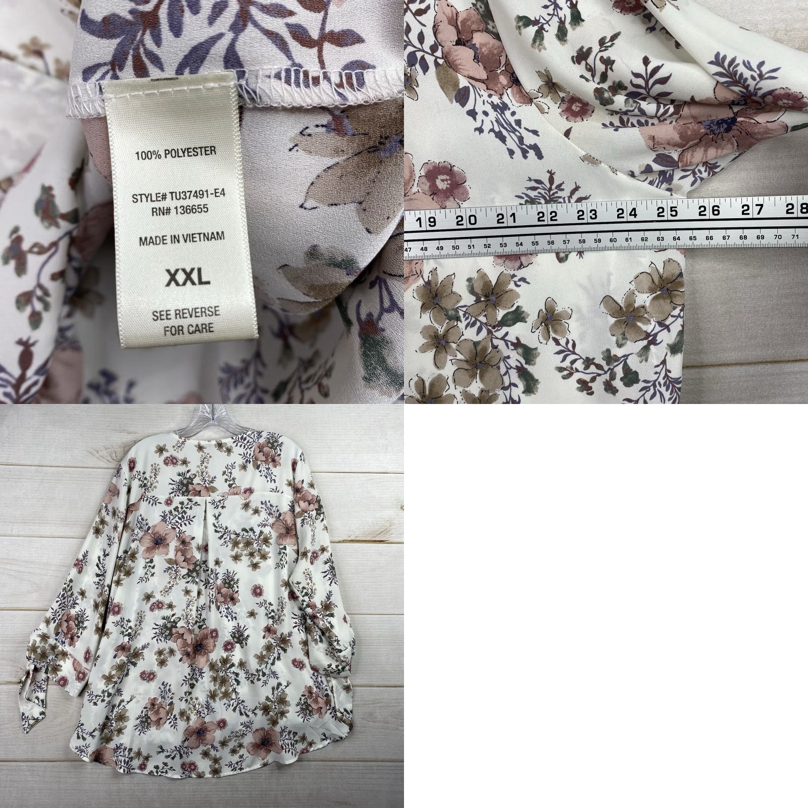 Vintage West Kei Blouse Tunic Womens XXL Floral White V Neck 3/4 Sleeve Knit Polyester Casual Shirt Buttonless Pullover Size XXL / US 16-18 / IT 52-54 - 8 Thumbnail