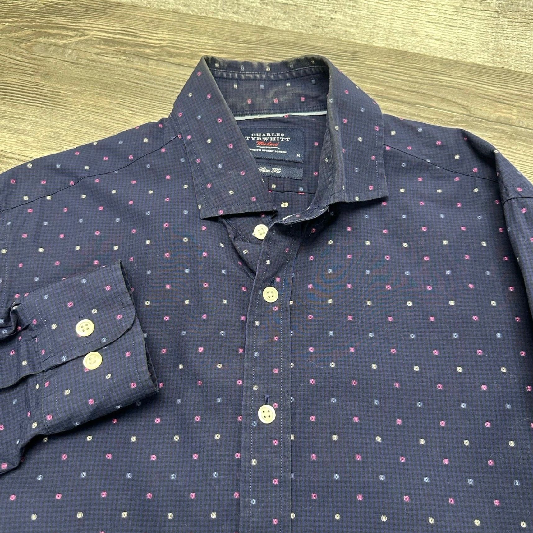Charles Tyrwhitt Charles Tyrwhitt Weekend Navy Blue Mens M Slim Fit Long Sleeve Button Up Shirt Size US M / EU 48-50 / 2 - 2 Thumbnail
