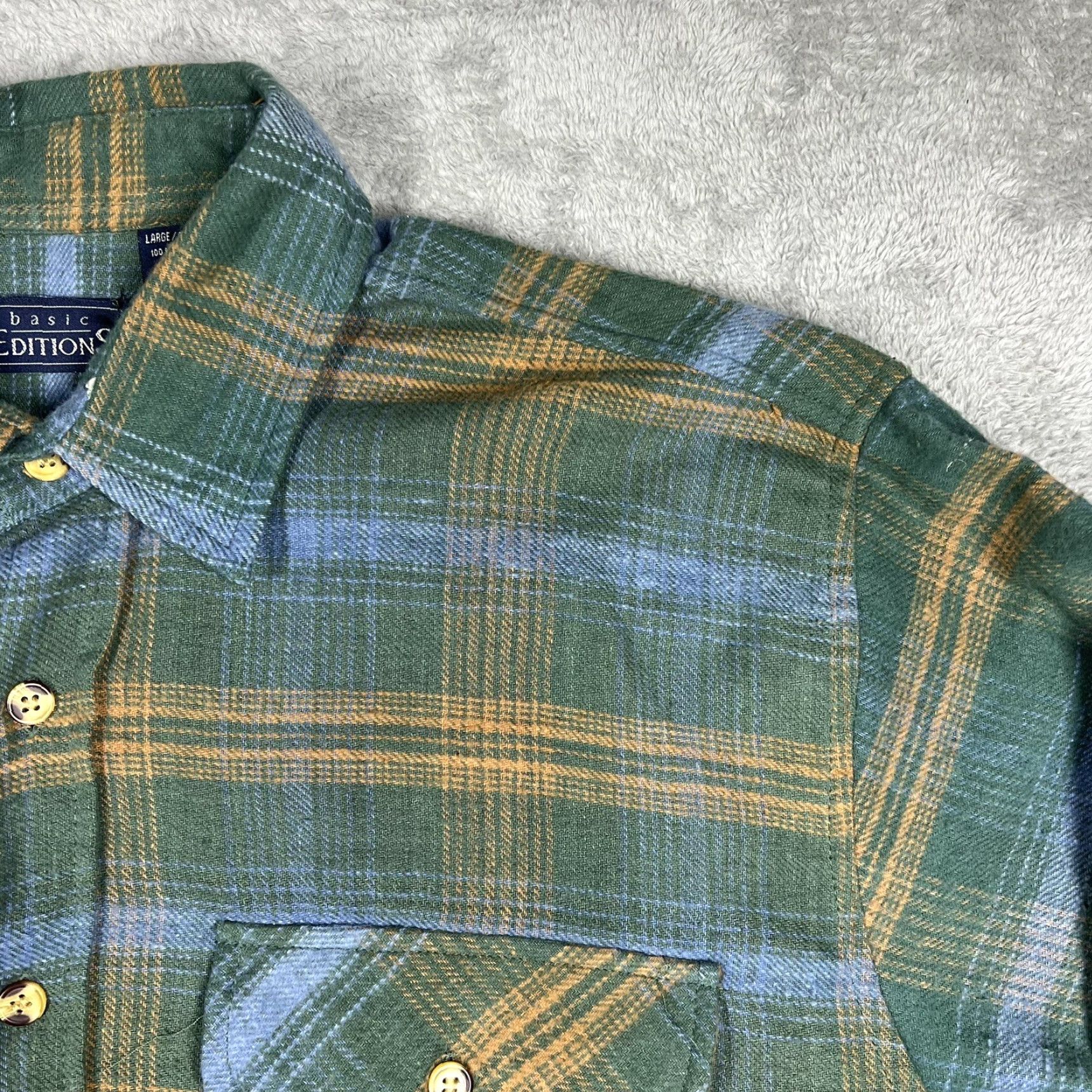 Basic Editions VINTAGE Basic Editions Men's Large Flannel Shirt Green Plaid Cotton Long Sleeve Size US L / EU 52-54 / 3 - 4 Thumbnail