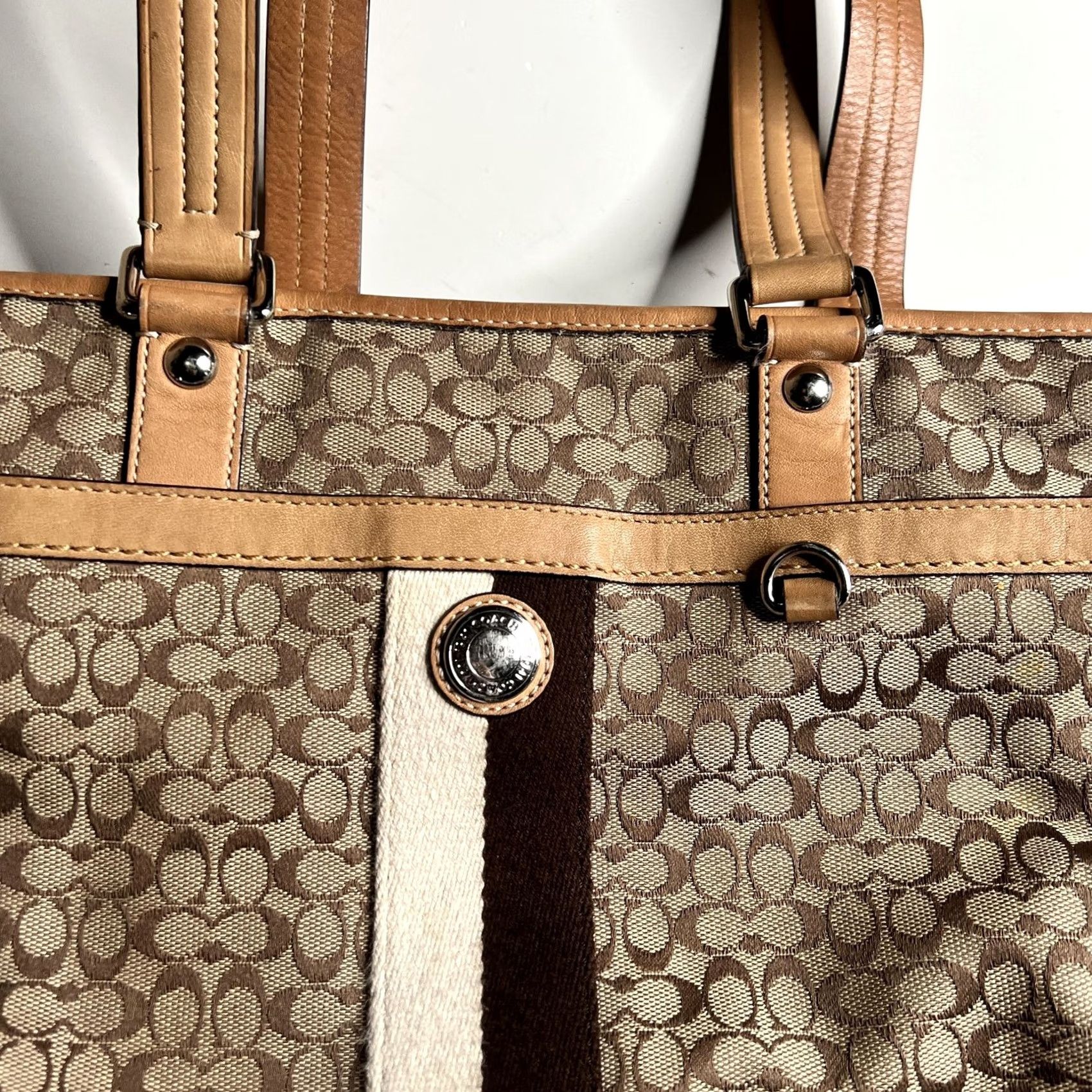Coach Coach Signature Avary Tote Bag Womens Large Brown Jacquard Leather Shoulder Stripe Size ONE SIZE - 6 Thumbnail
