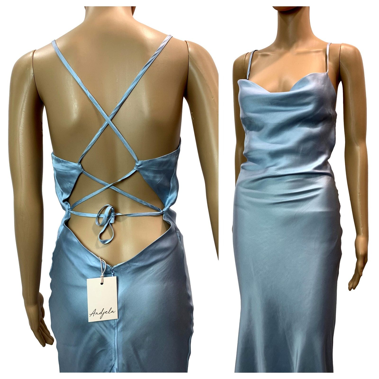 Other NWT Andjela "Kate" Icy Blue Satin Slip Open Back Midi Dress Size XS / US 0-2 / IT 36-38 - 4 Thumbnail