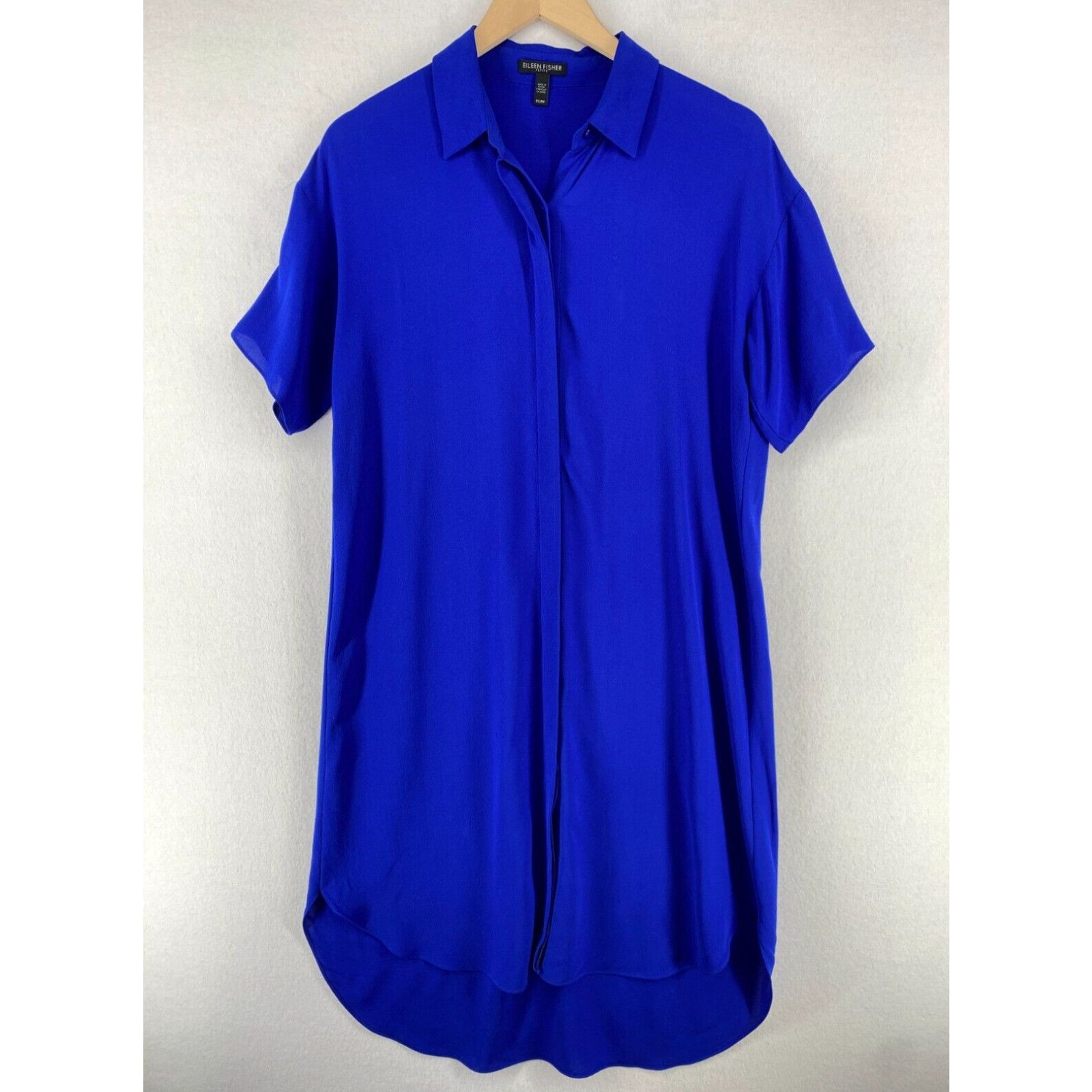 image of Eileen Fisher Dress Ps Silk Georgette Crepe Shirt Button Front Short Sleeve Blue in White, Women's 