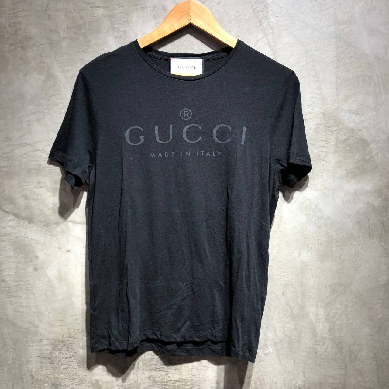 image of Gucci Logo Made In Italy Black On Black Tee, Men's (Size Small)