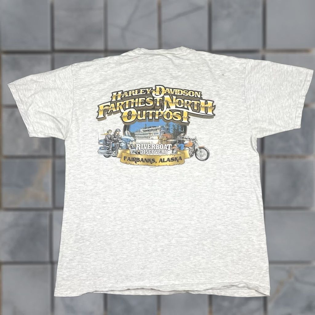 Harley Davidson VINTAGE Harley-Davidson T Shirt Adult L Gray Alaska Fairbanks Motorcycle Vtg Mens Short Sleeve T-Shirt Size US L / EU 52-54 / 3 - 1 Thumbnail