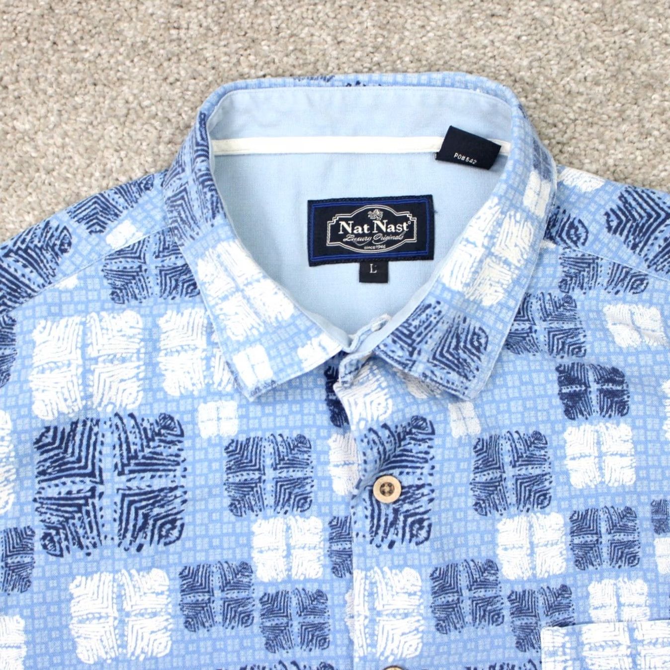 Nat Nast Nat Nast Shirt Mens Large Blue Geometric Silk/Cotton Button-Up Short Sleeve Everyday Wear Mens Large Blue Geometric Silk/Cotton Button-Up Size US L / EU 52-54 / 3 - 6 Thumbnail