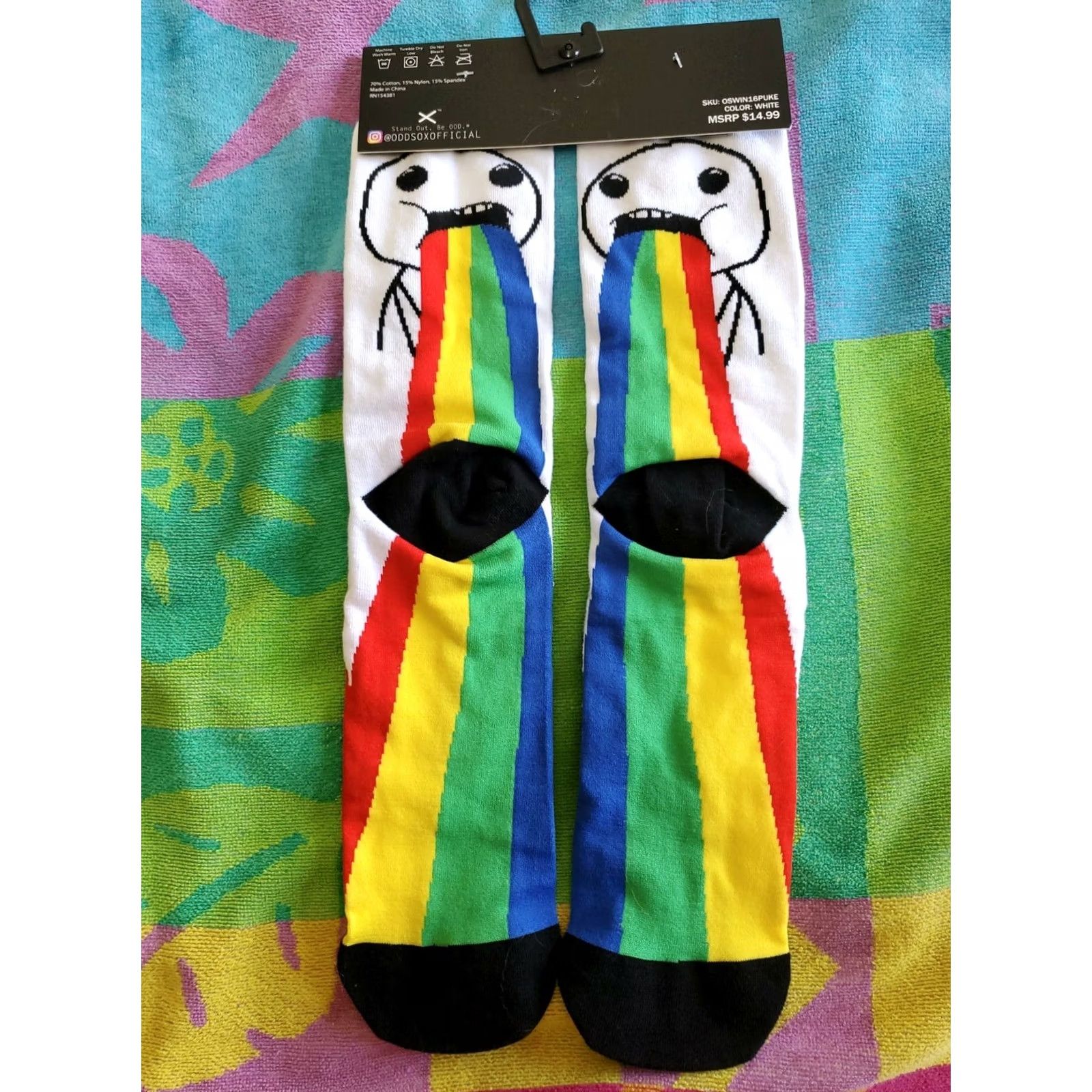 Rainbow ODD SOX Spewing Rainbow Crew Socks Mens 6-13 Multicolor Cotton Blend Be ODD Pattern Puking Rainbow 1 Pair Size ONE SIZE - 3 Thumbnail