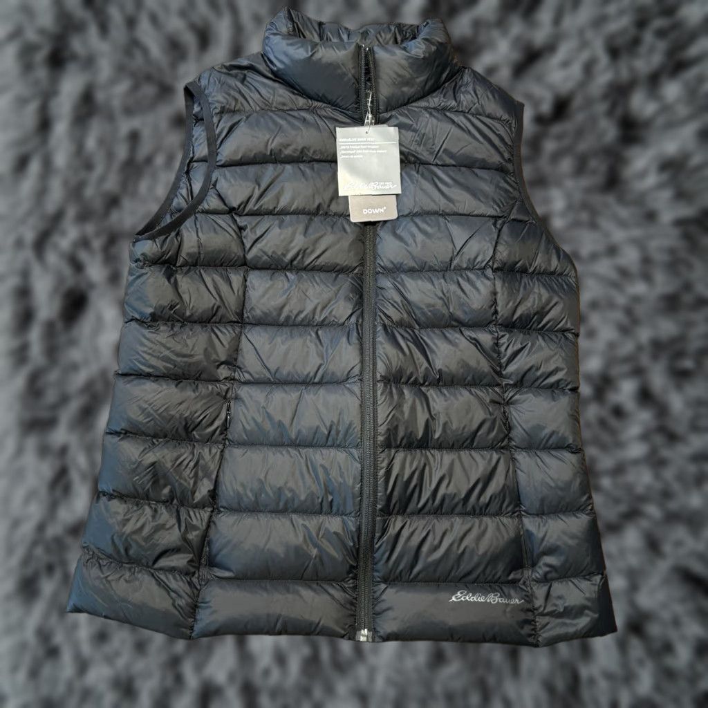 NWT Eddie Bauer Down Puffer Vest Women Large Black Cirruslite 650 Fill Hiking Quilted Zip Weather