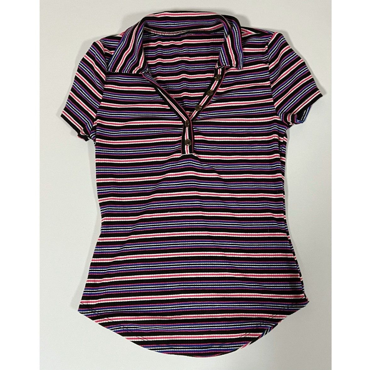 Black Pink Striped Collared Polo Shirt Top Blouse Size S 💖✨