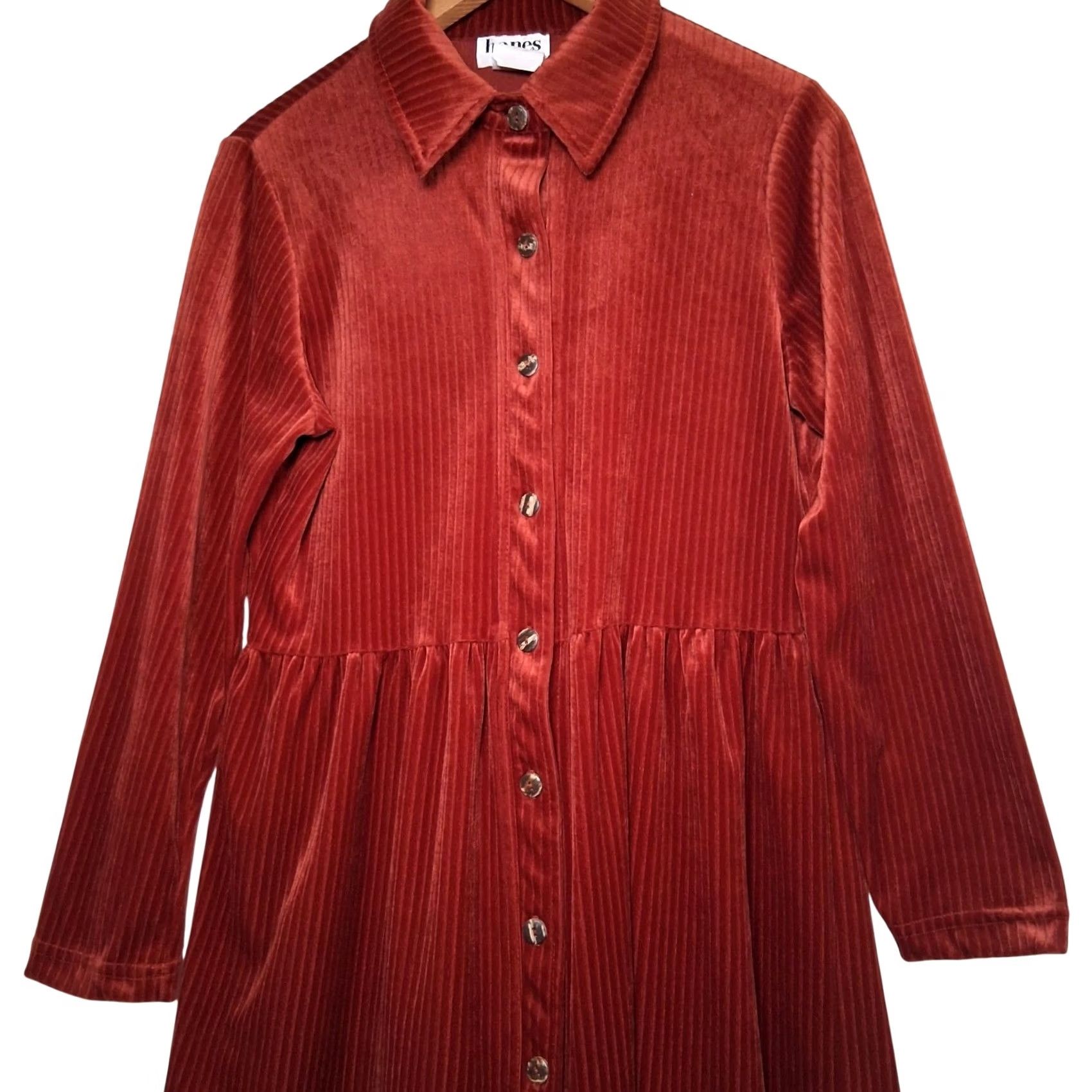 Hanes VINTAGE Hanes Signature Collection Dress Small Rust Ribbed Velour Button Earthy Size S / US 4 / IT 40 - 2 Thumbnail