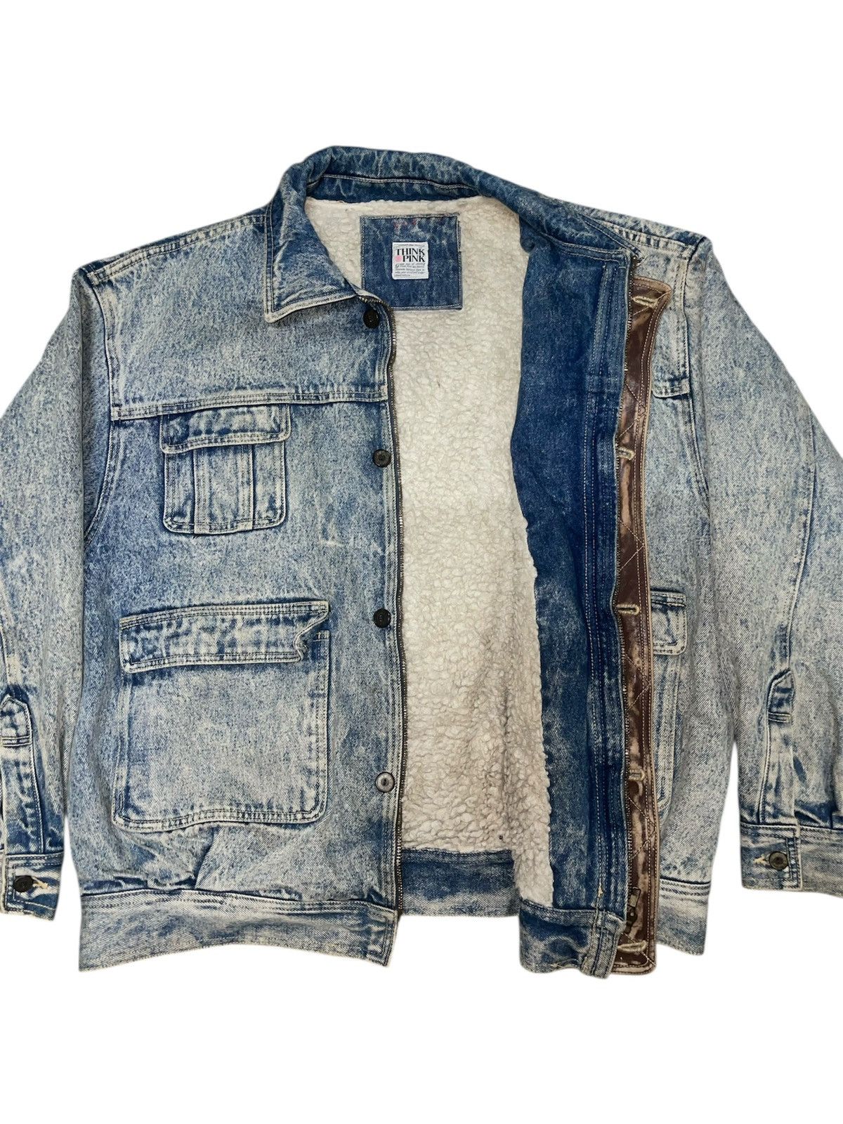 Vintage RARE 80s Think Pink Denim Jacket Acid Wash Sherpa Fleece Size US L / EU 52-54 / 3 - 4 Thumbnail