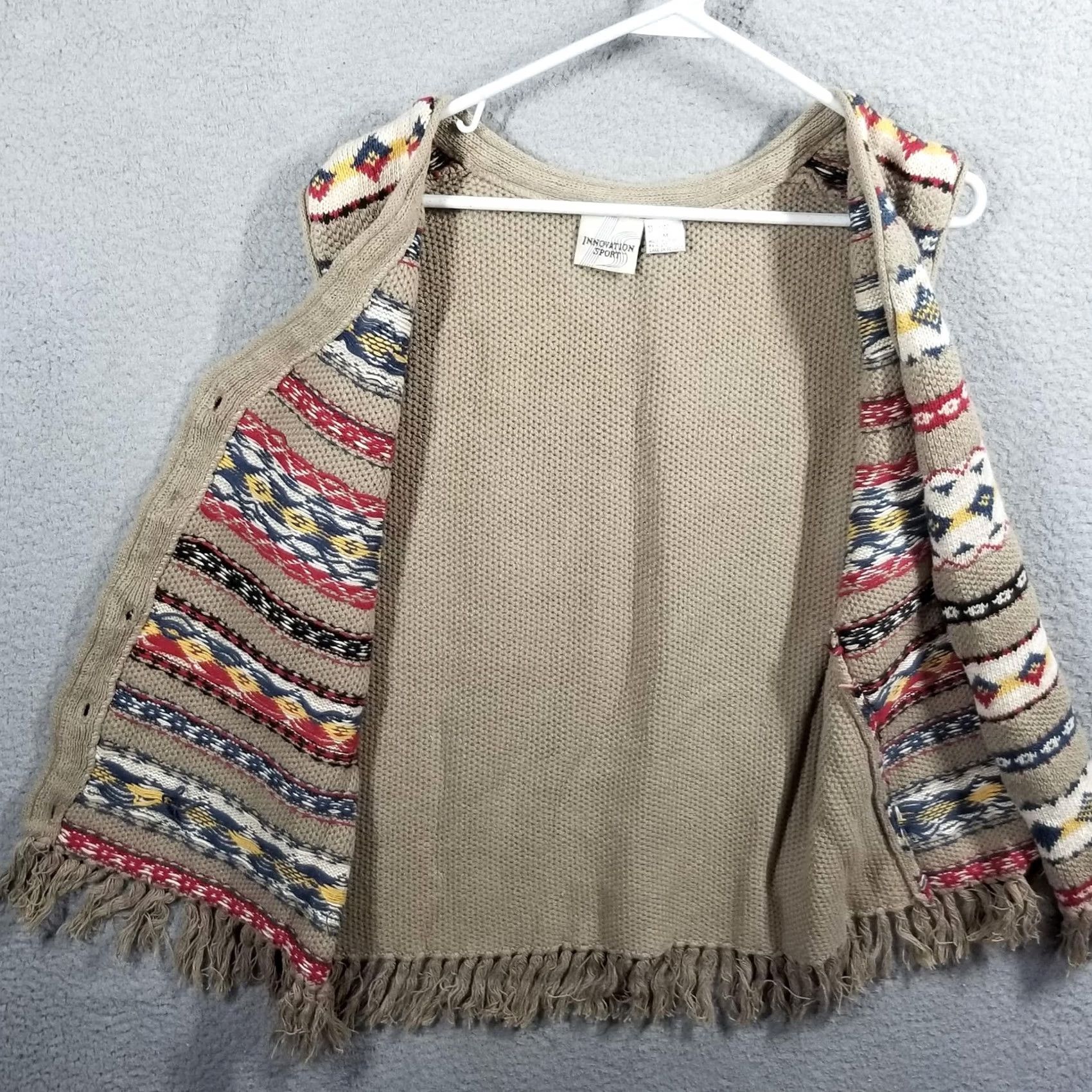 Vintage Innovation Sport Sweater Vest Womens M Beige Fair Isle Chunky-Knit Fringe Button Sleeveless V-Neck shirt style Casual } Size M / US 6-8 / IT 42-44 - 3 Thumbnail