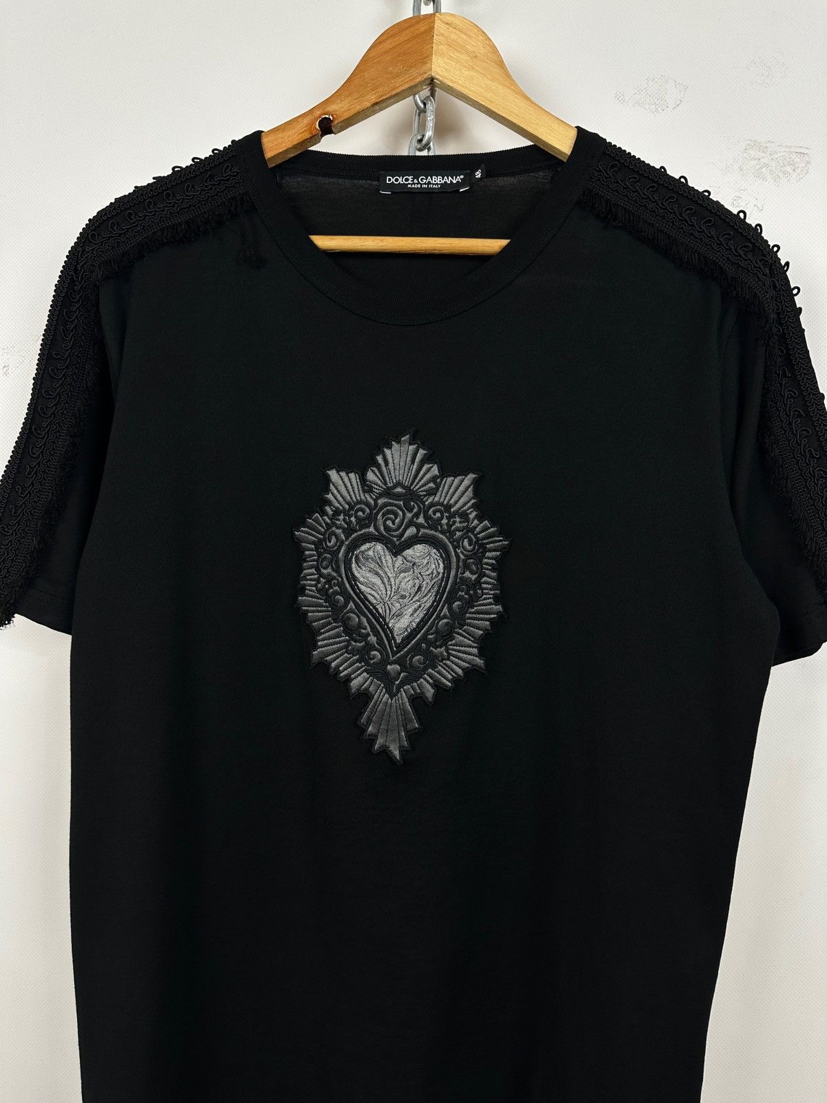 Dolce & Gabbana Dolce & Gabbana Black Sacred Heart Fringe Trim T-Shirt Size US M / EU 48-50 / 2 - 4 Thumbnail