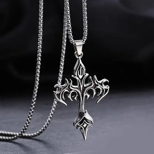 Jewelry Vintage Flame Cross Pendant Necklace Long Chain Punk Gothic Size ONE SIZE - 6 Thumbnail