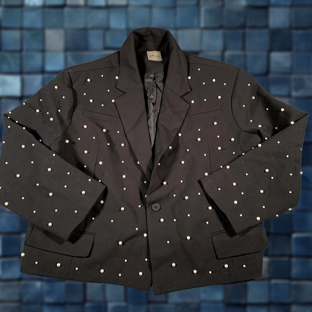 Vintage ORTTU Blazer Men One Size Black Pearl Studded Embellished Single Button Beaded Jacket Size 44L - 1 Thumbnail