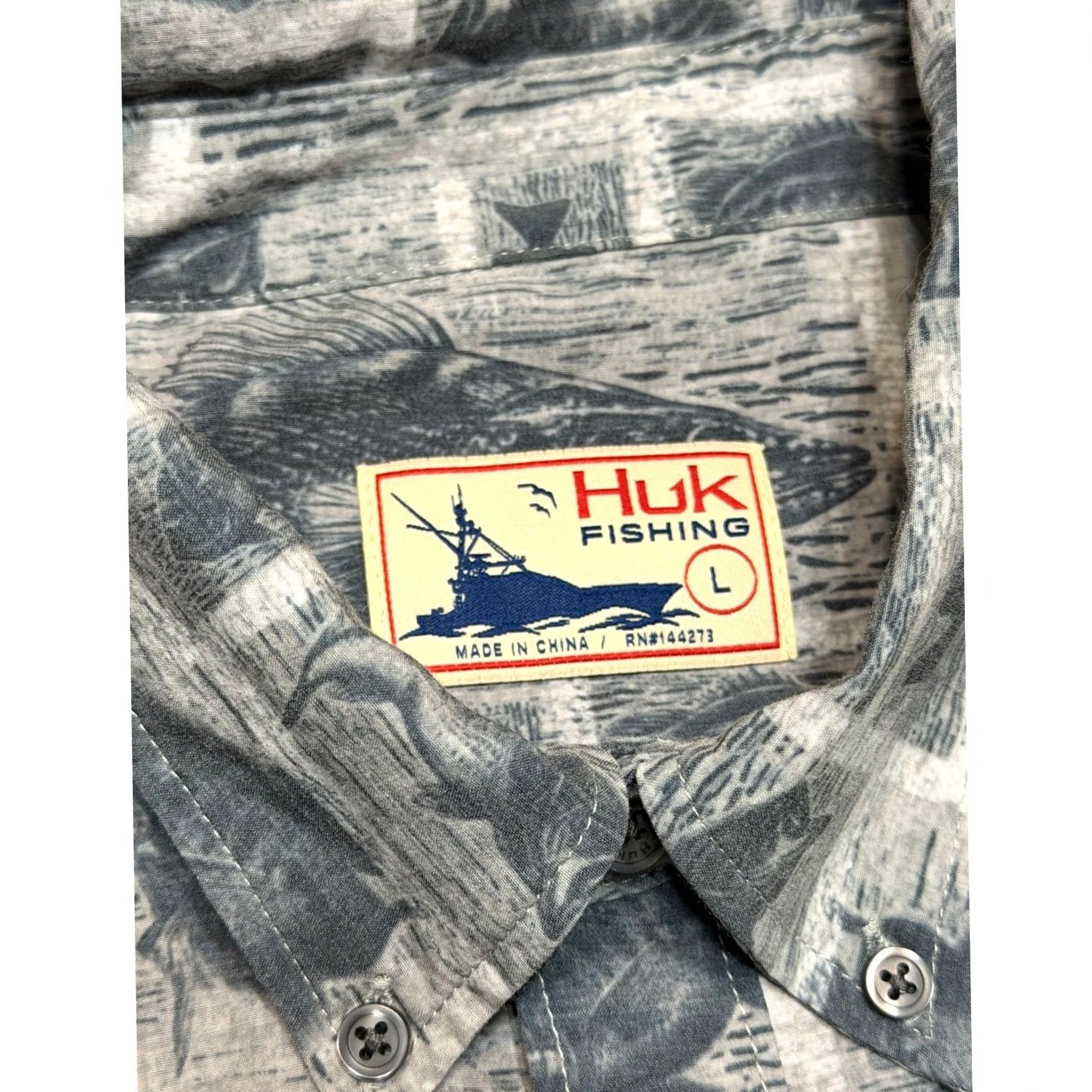Vintage Huk Fishing Shirt Sz L Gray Blue Fish AOP Short Sleeve Button Down Stretch Size US L / EU 52-54 / 3 - 4 Thumbnail