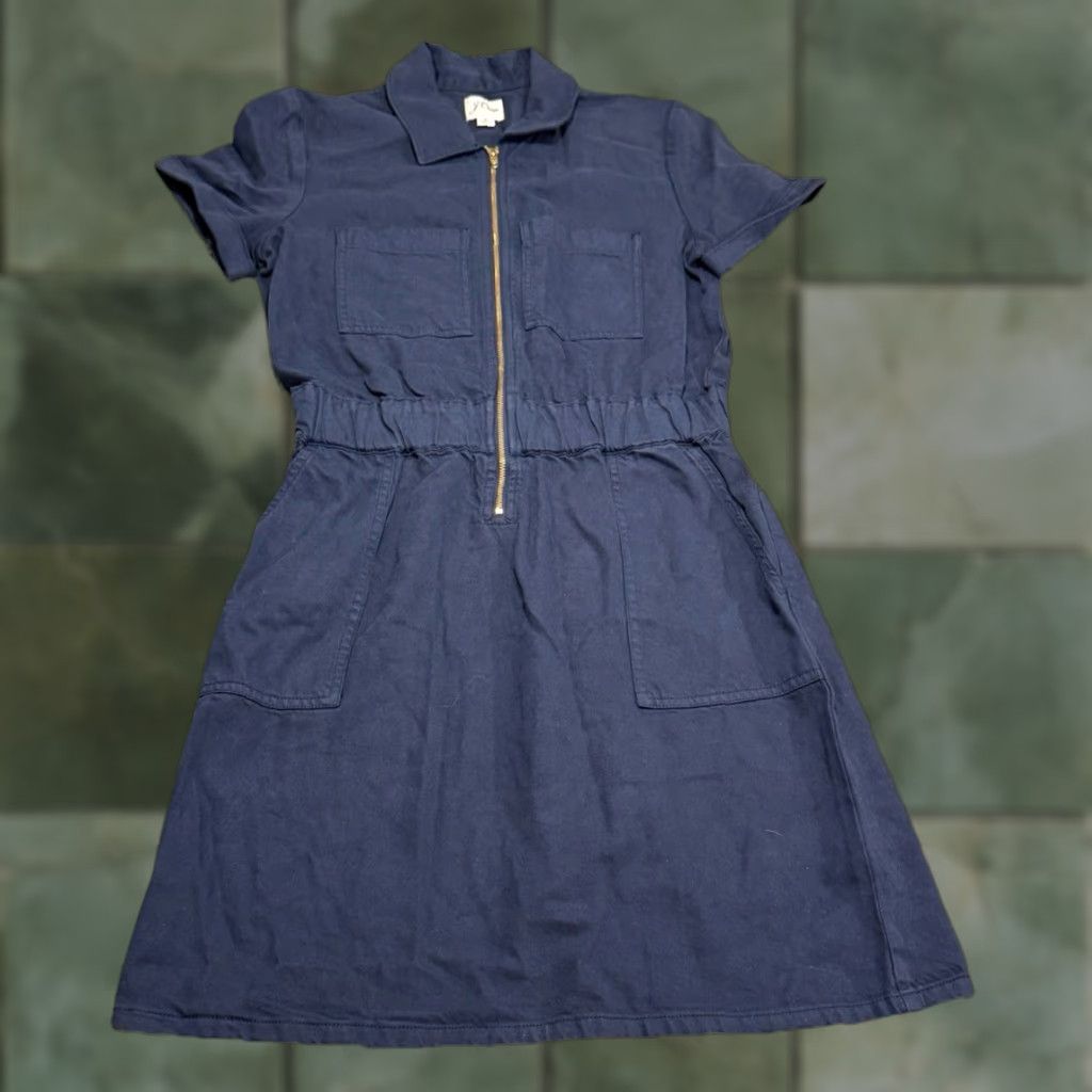 J.Crew J.CREW Dress Women Size 2 Navy Blue Zip-Front Chino Utility Pockets Short Sleeve Collared Elastic Waist Cotton Lyocell Womens Size XS / US 0-2 / IT 36-38 - 1 Thumbnail