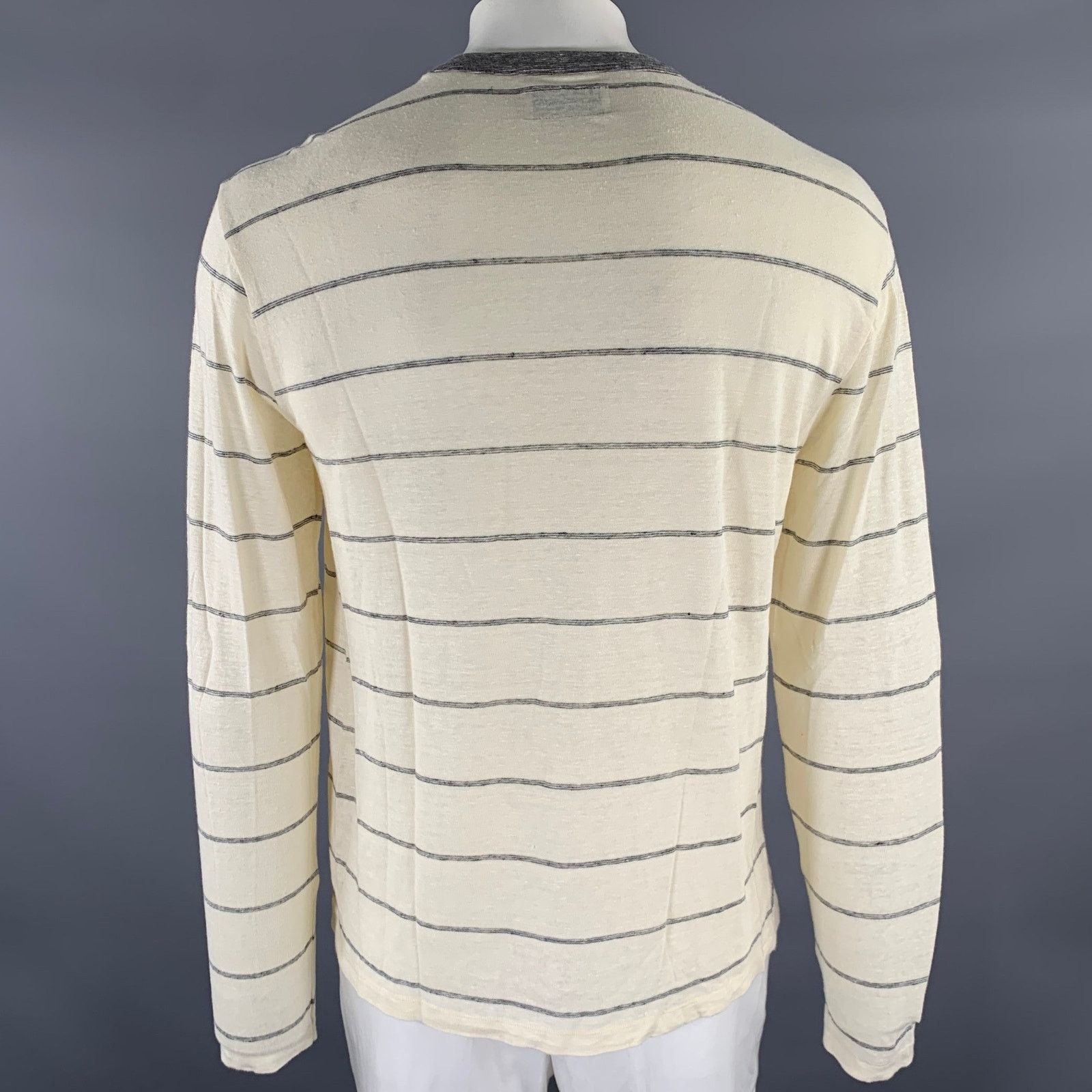 Officine Generale OFFICINE GENERALE Size L Cream Grey Stripe Linen Pullover Size US L / EU 52-54 / 3 - 3 Thumbnail