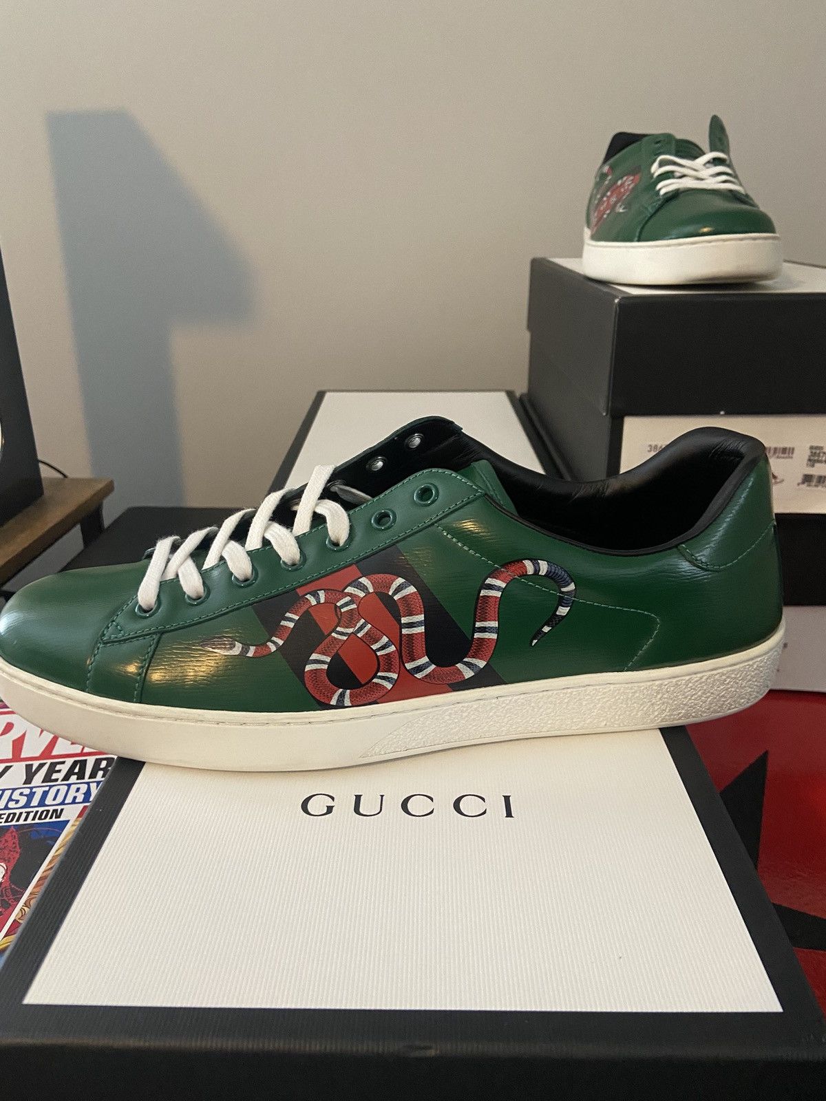 Gucci Gucci Ace Snake Web Stripe Sneakers Size US 12 / EU 45 - 1 Thumbnail