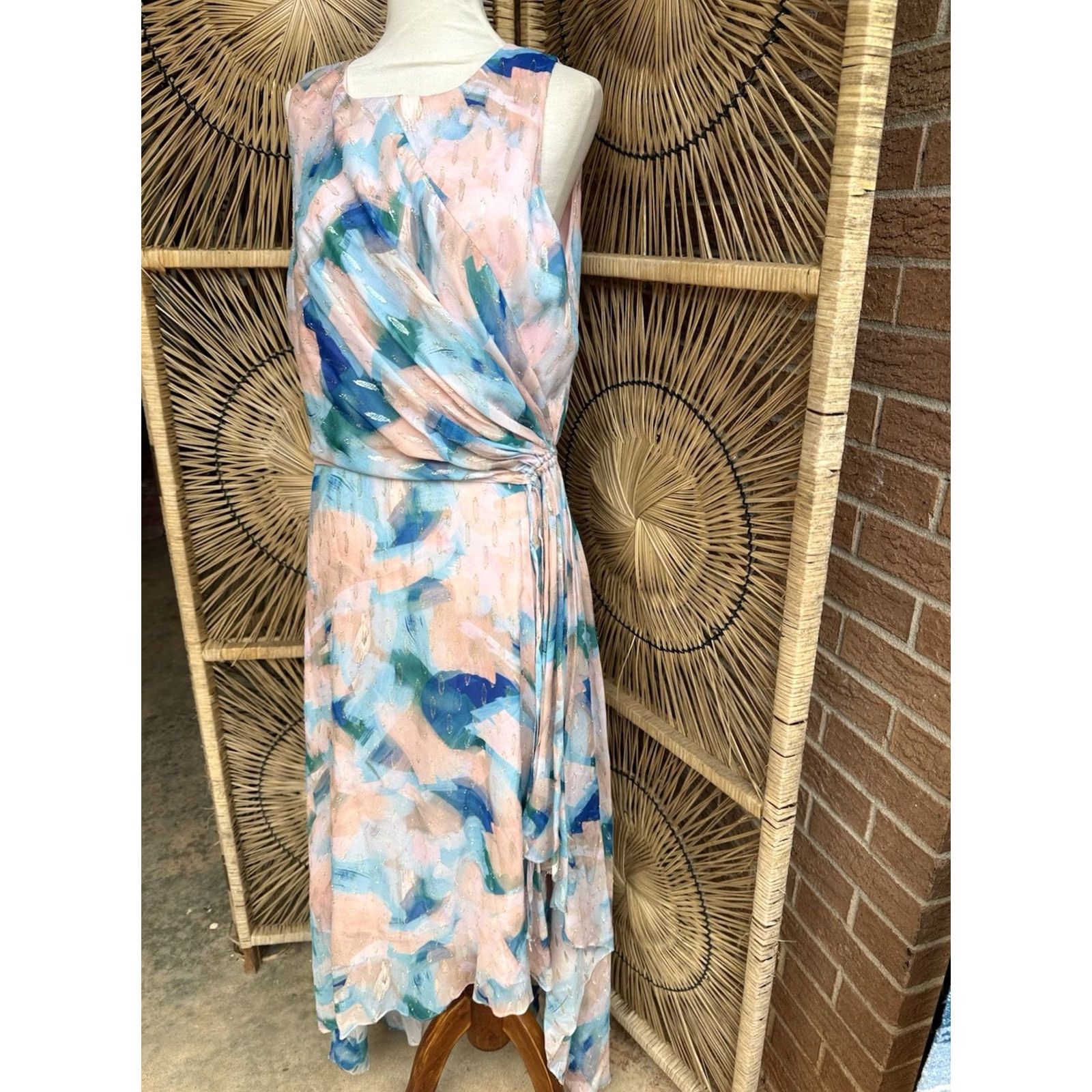 Vintage Shoshanna Blue Macie Brushstroke-Print Hi-Low Gown Dress Size 12 Womens Maxi Plateau? Size XL / US 12-14 / IT 48-50 - 7 Thumbnail