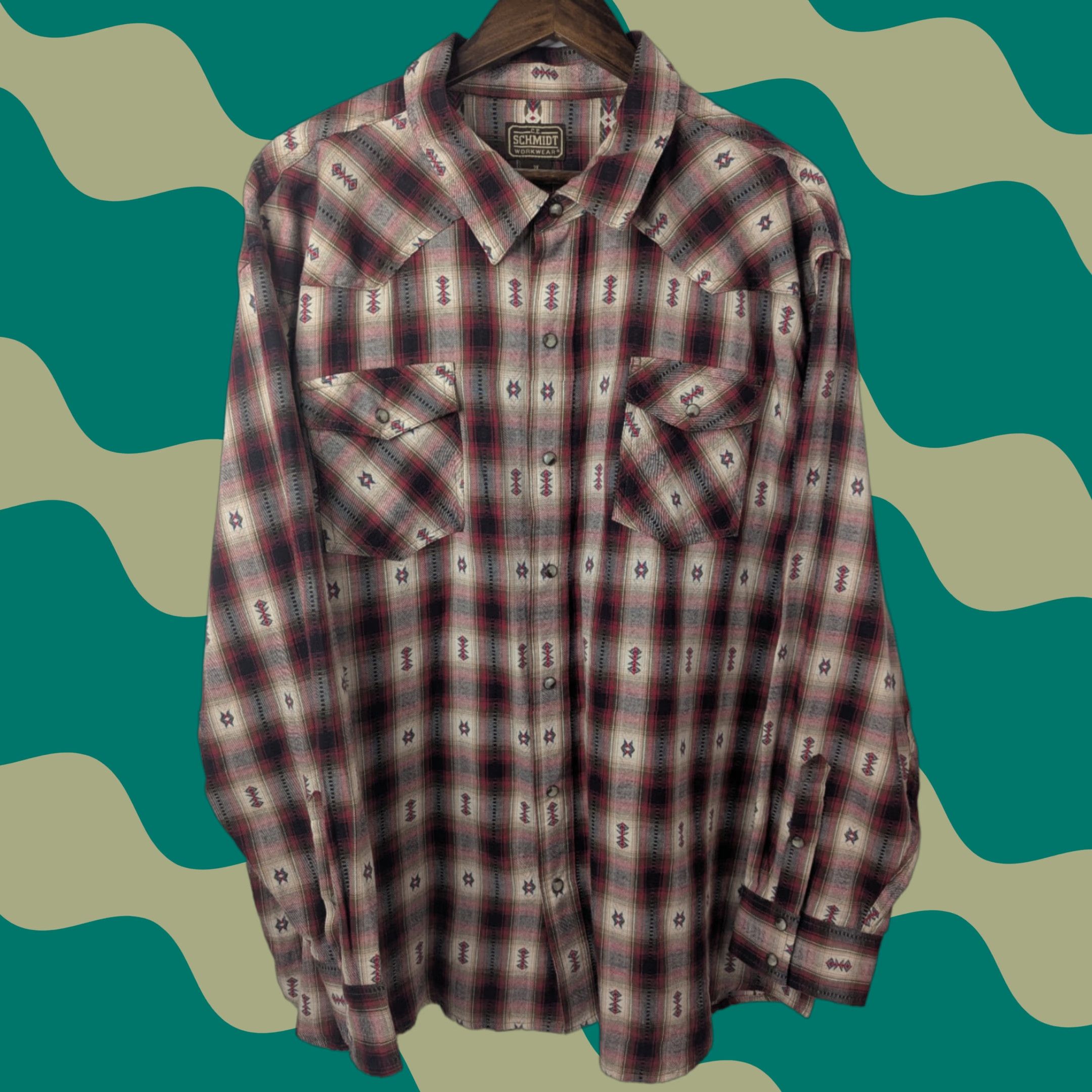 Vintage C.E. Schmidt Shirt Adult 2X Red Geometric Western Button-Up Snap Pocket Easy Care Mens Size US XXL / EU 58 / 5 - 1 Thumbnail