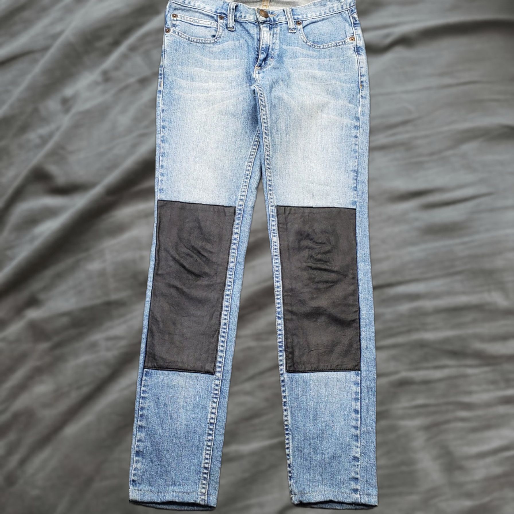 Vintage Ay Not Dead Jeans Womens 24 Blue Denim Leather Knee Patches Skinny Streetwear Womens Size 24 Jeans Size 42" / US 20 - 1 Thumbnail