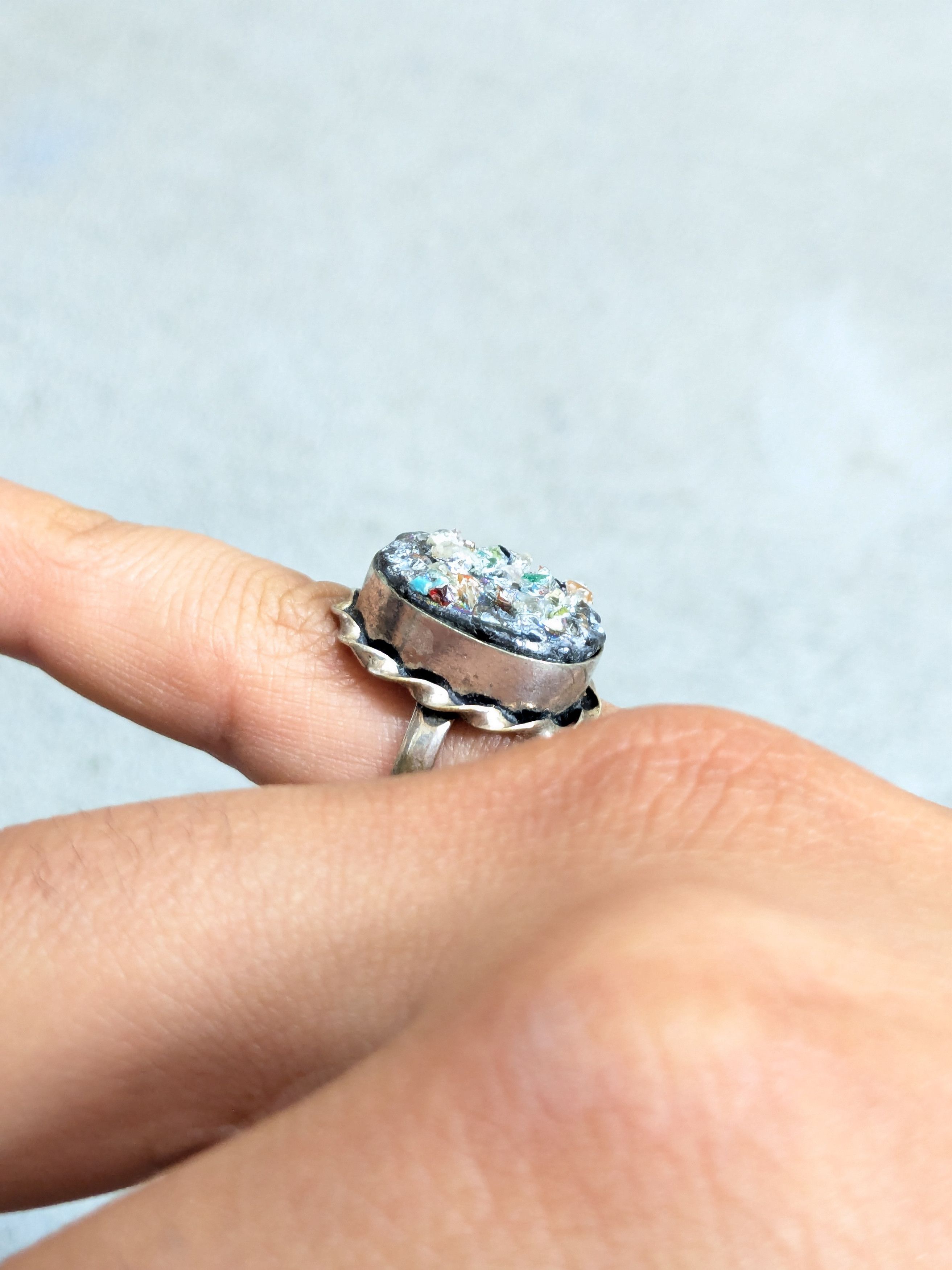 Jewelry Vintage Sterling Silver Ring Rainbow Druzzy 7 Modern Oval Size ONE SIZE - 10 Thumbnail