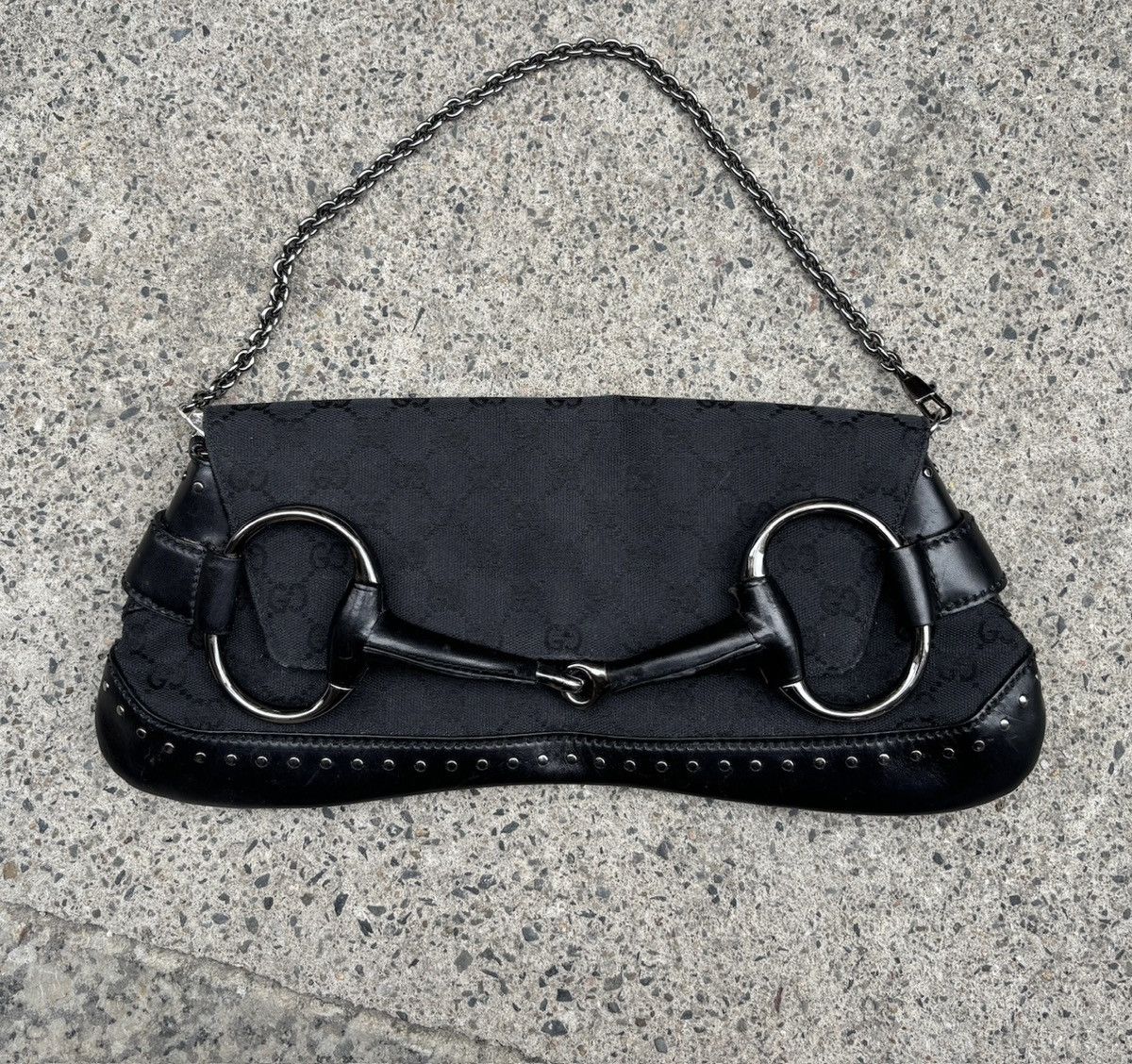 Gucci GUCCI Black GG Canvas Horsebit Chain Large Clutch Bag Size ONE SIZE - 1 Thumbnail