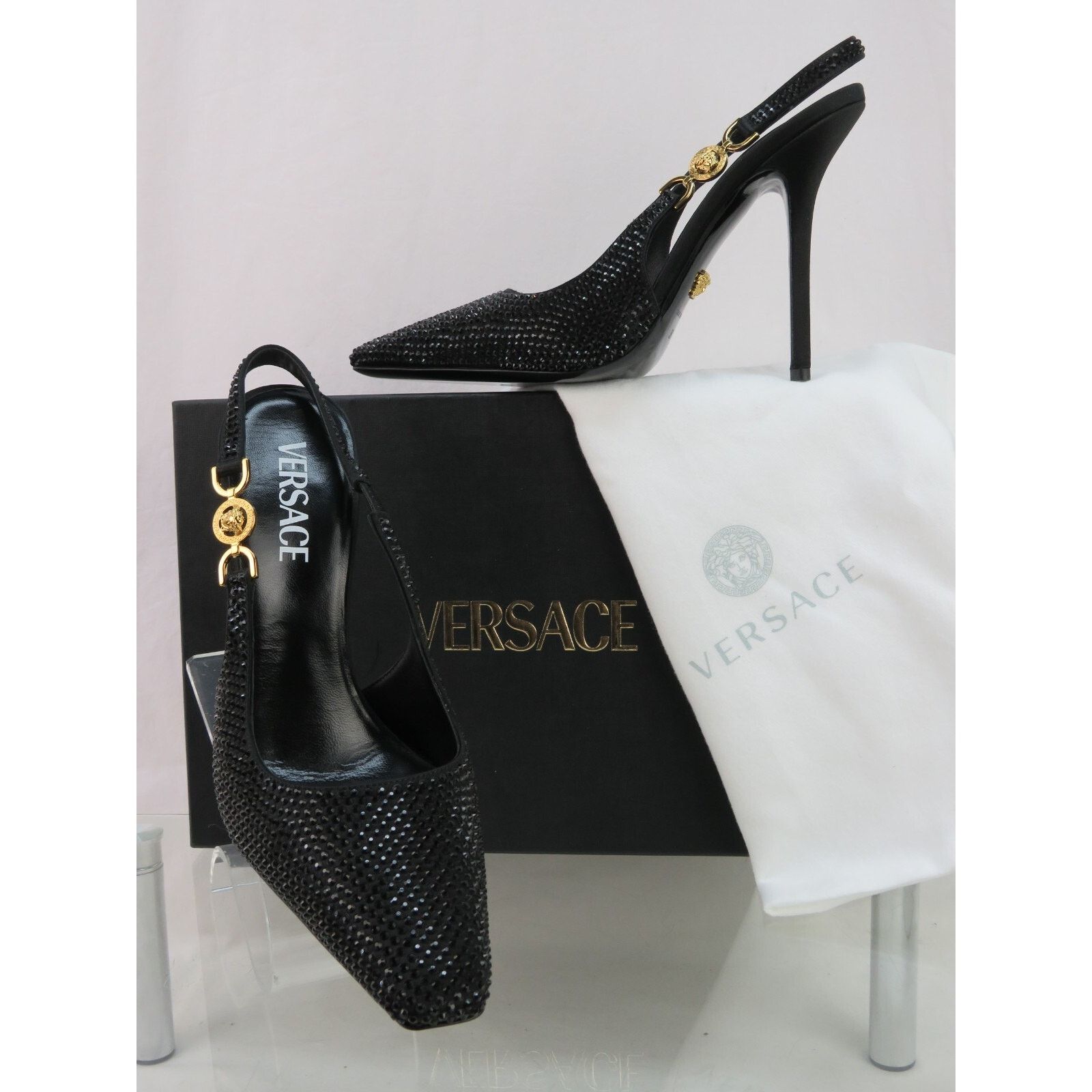 Versace VERSACE BLACK SUEDE GOLD MEDUSA CRYSTALS SANDALS PUMPS 38 IT Size US 8 / IT 38 - 1 Thumbnail