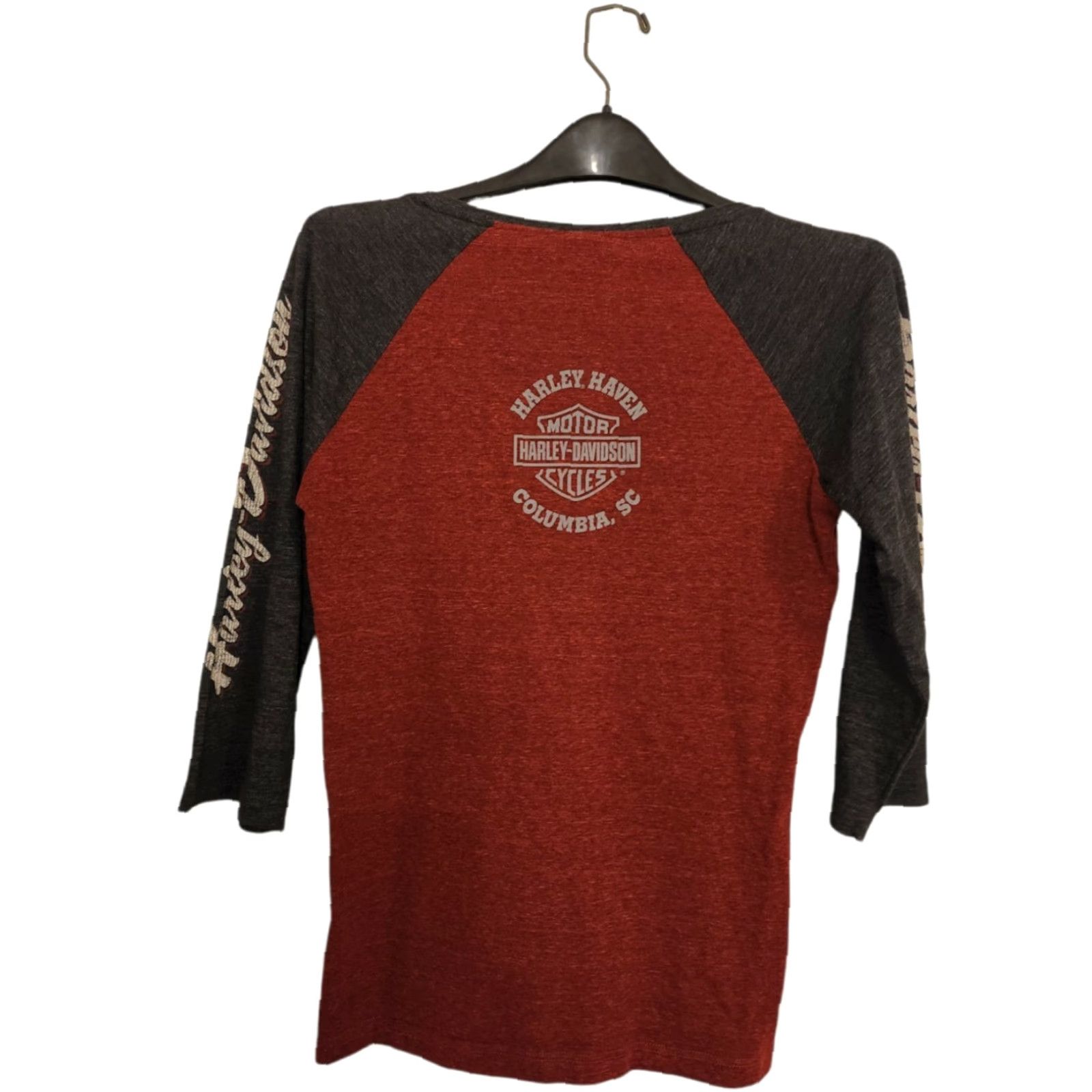 Harley Davidson Womens M Harley-Davidson T Shirt Rhinestone Eagle Logo Arms Columbia SC V-Neck Long Sleeve Red Pullover Size M / US 6-8 / IT 42-44 - 2 Thumbnail