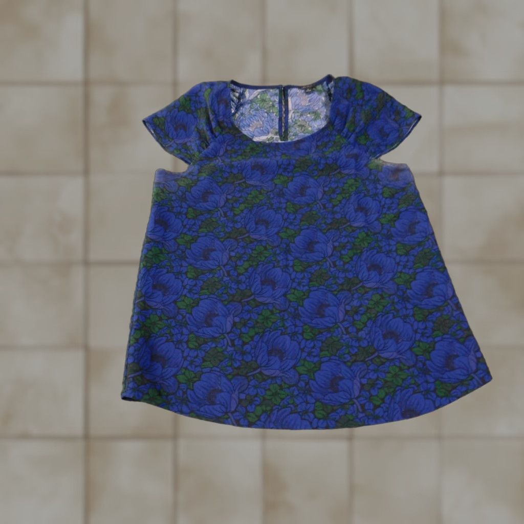 Ann Taylor VINTAGE Ann Taylor top Womens M Blue Floral Shift Short Sleeve Back Zip Size M / US 6-8 / IT 42-44 - 1 Thumbnail
