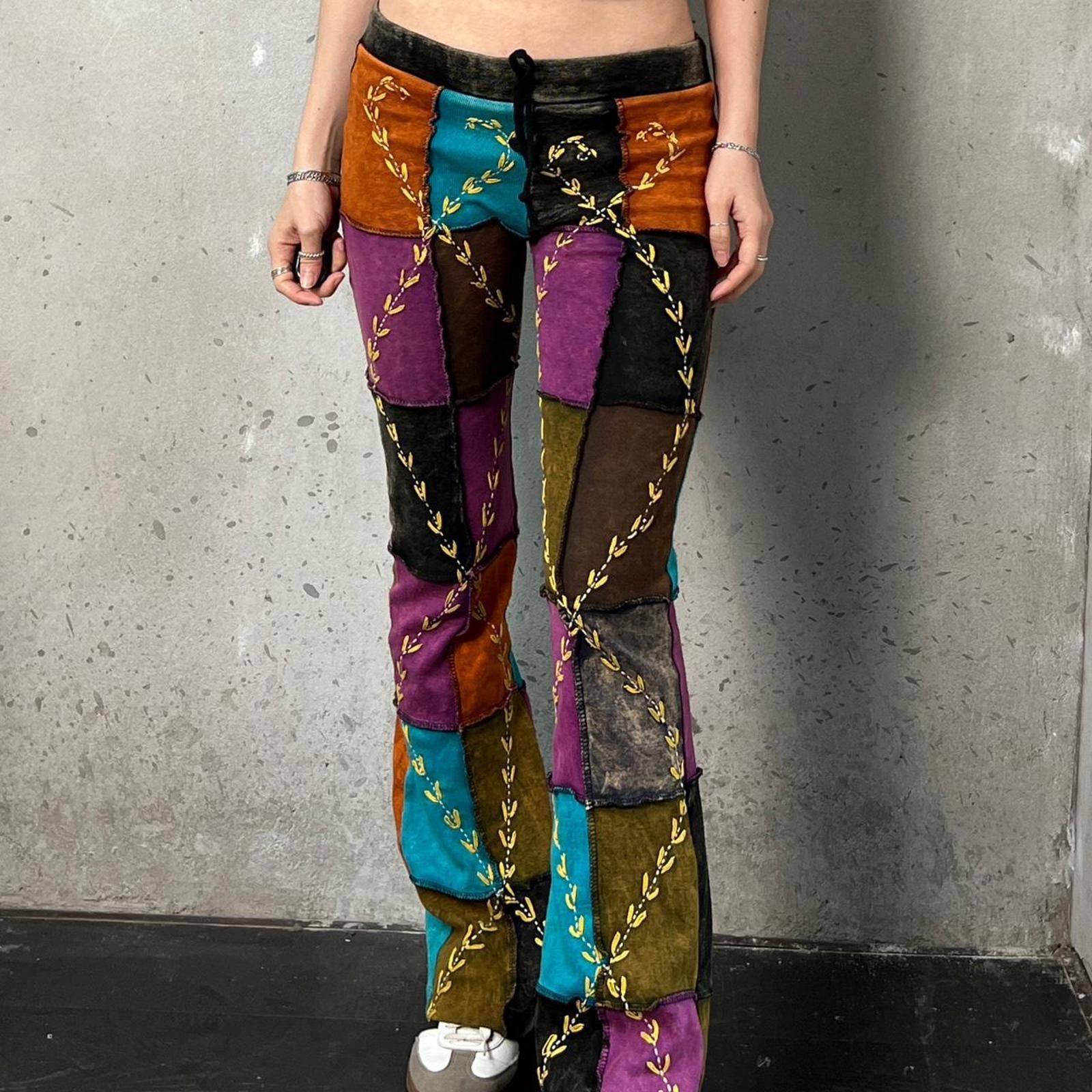 Japanese Brand Nepal Handmade Boho Multicolor Patchwork Bell Bottom Pants Size 29" - 2 Thumbnail