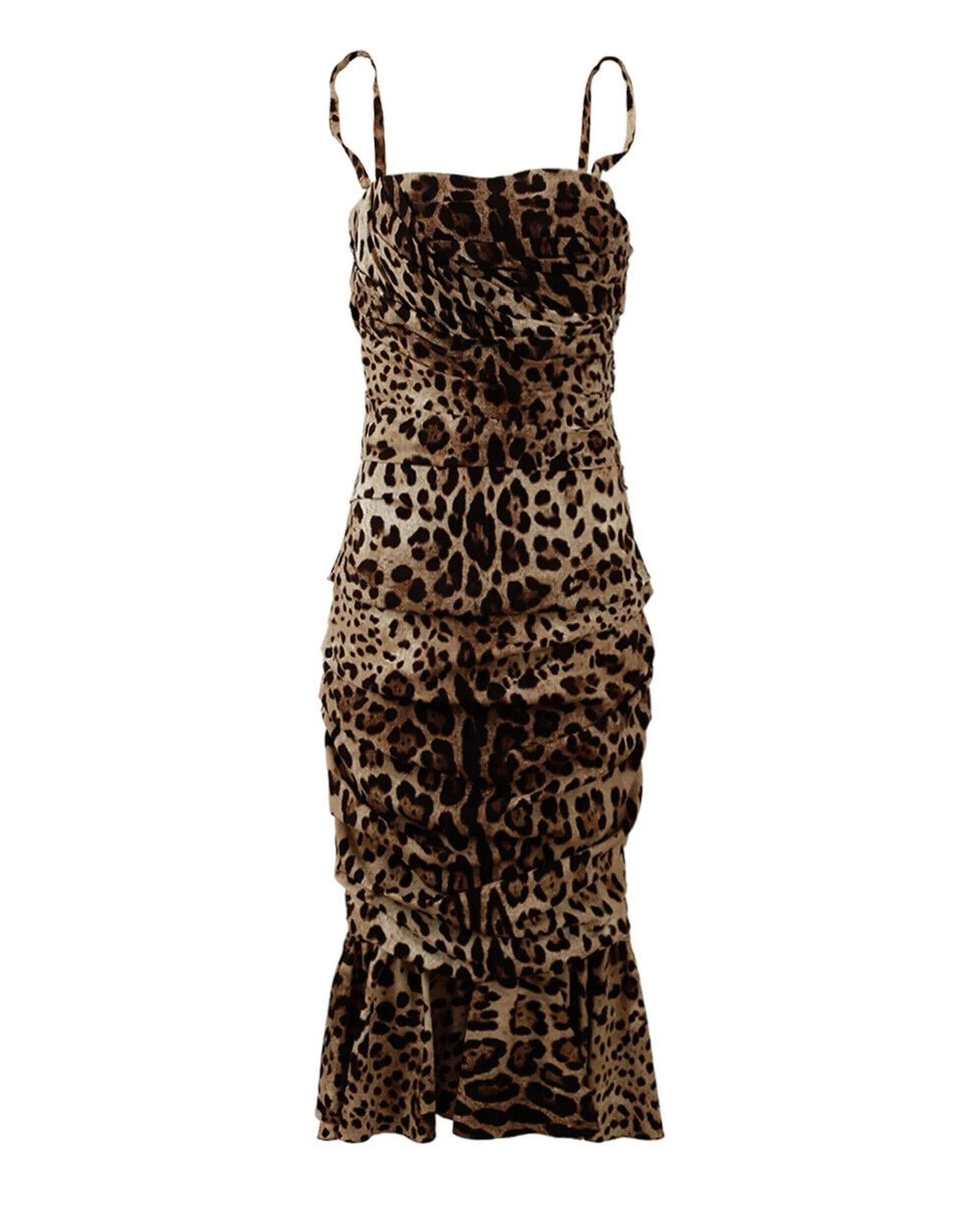 image of Dolce Gabbana Leopard Print Ruched Midi Dress in Brown, Women's (Size XS)