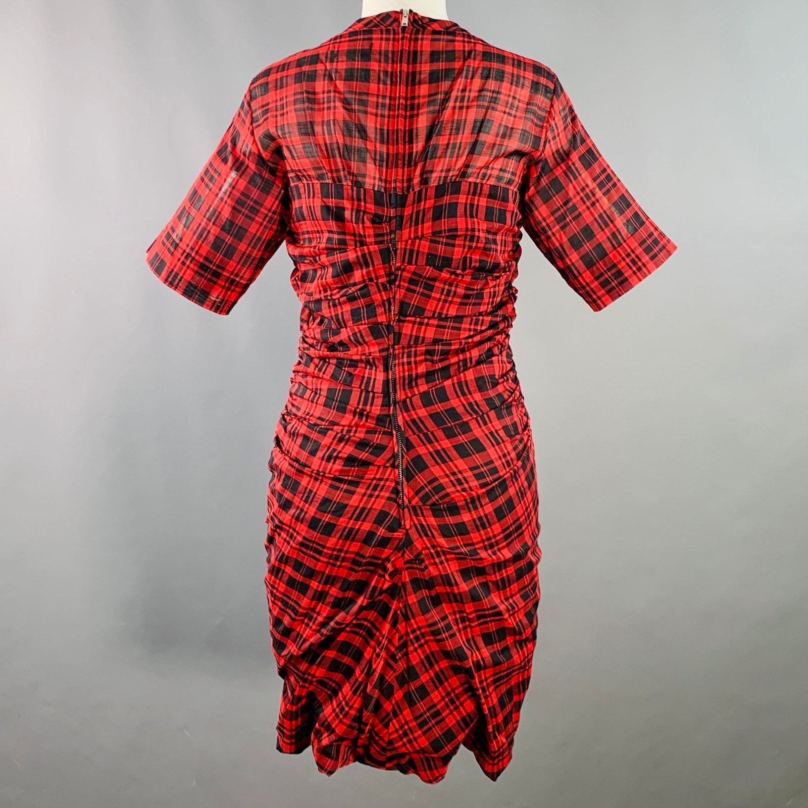Isabel Marant Etoile Size XS Red Black Cotton Plaid Short Sleeve Ruched Dress Size XS / US 0-2 / IT 36-38 - 4 Thumbnail