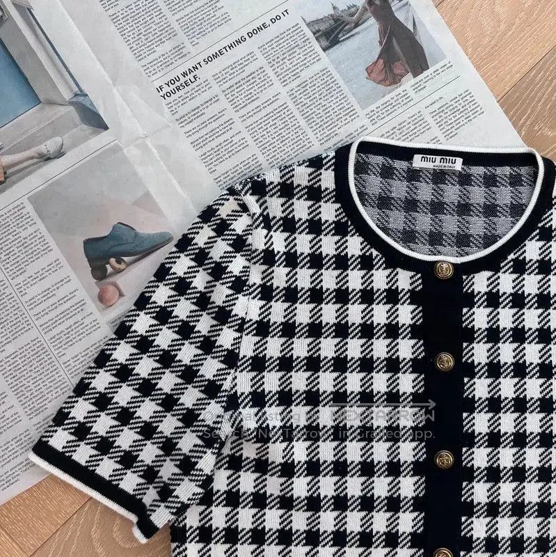 Miu Miu Miu Miu Black Checked Short Sleeve Cardigan . Size L / US 10 / IT 46 - 5 Thumbnail