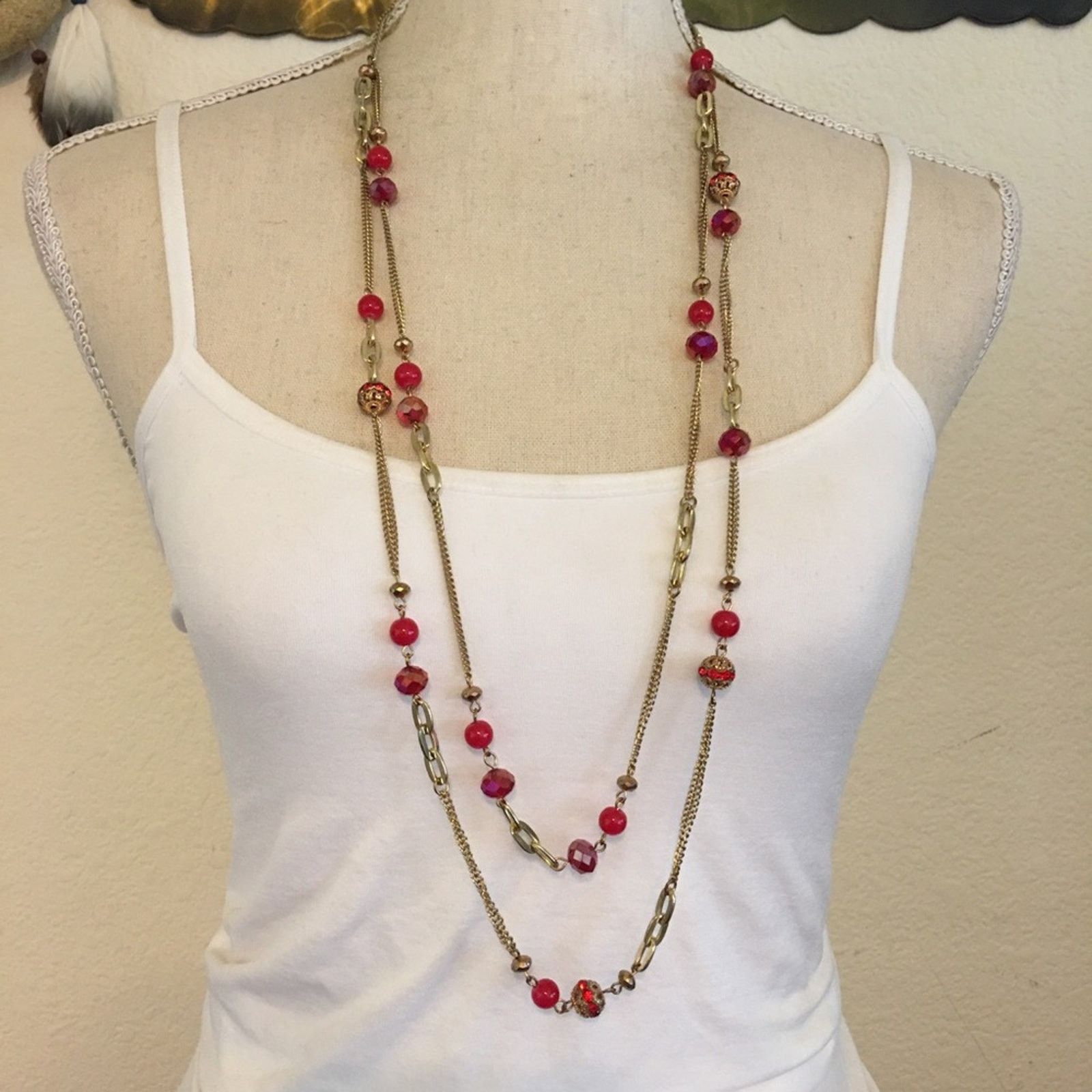 Vintage Vintage layered chain red sparkle bead necklace Size ONE SIZE - 1 Thumbnail