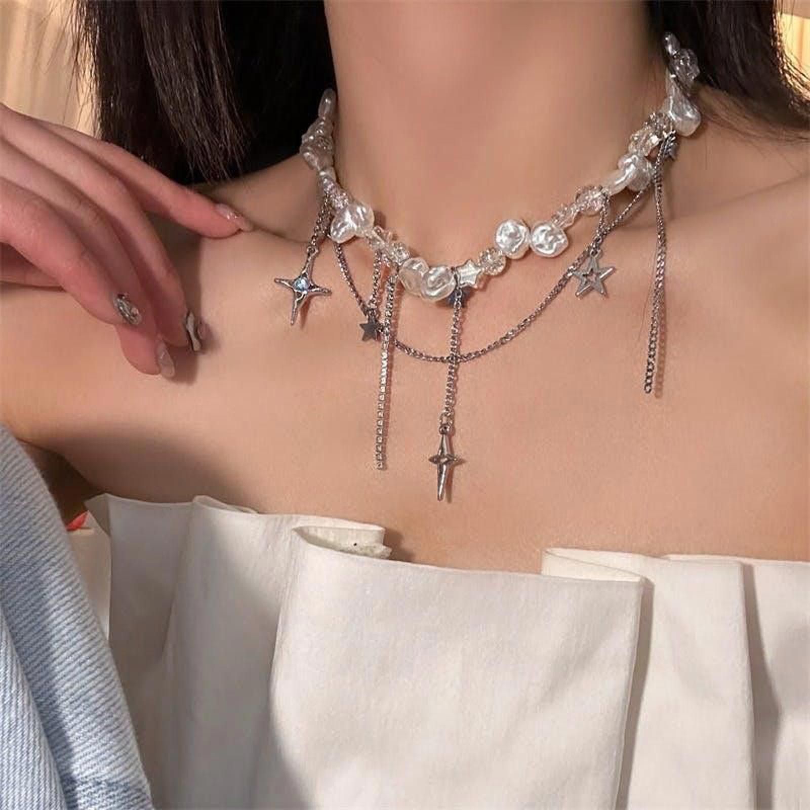 Jewelry y2k Multiple Stars Rhinestone Pearl Necklace Size ONE SIZE - 3 Thumbnail