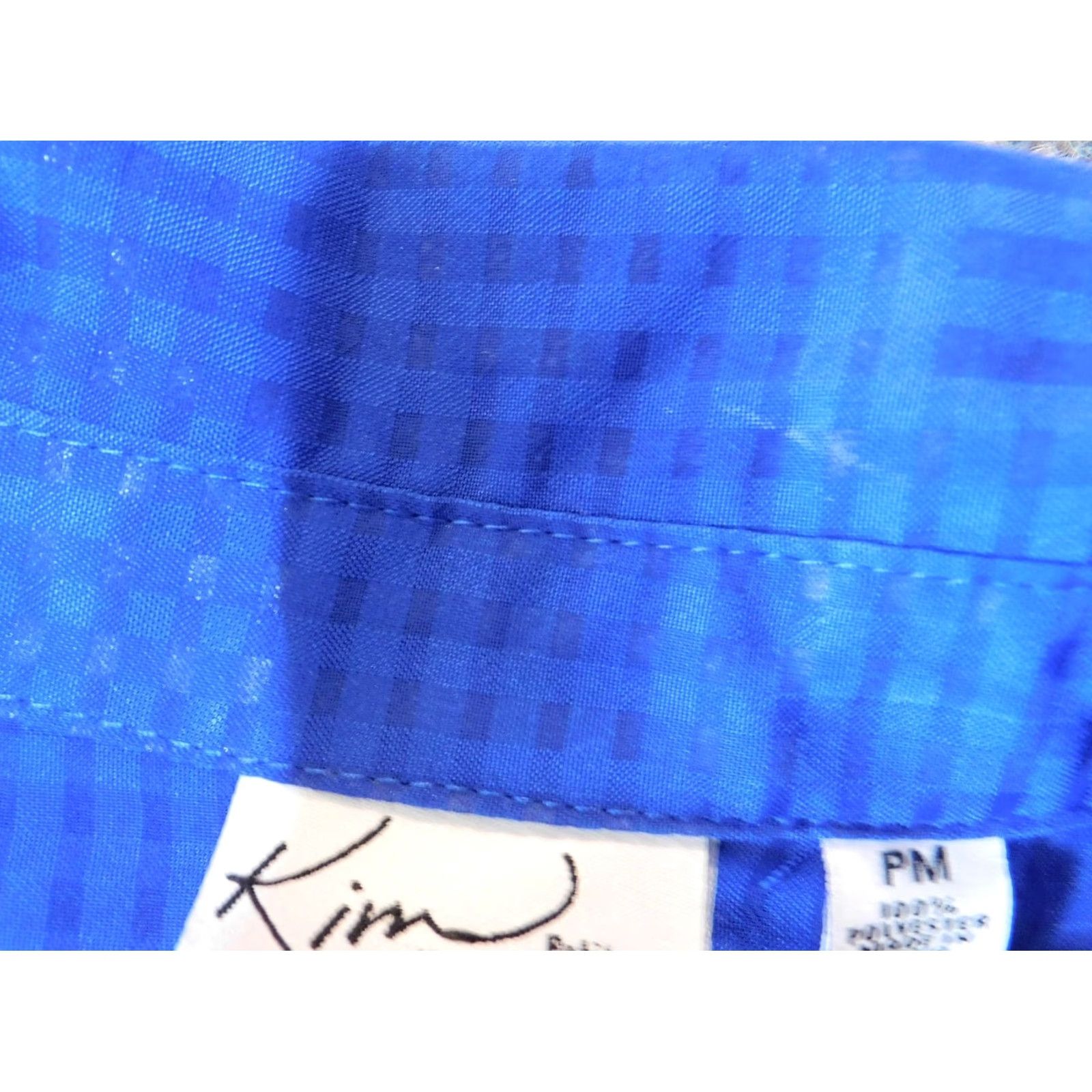 Vintage Kim Rogers Womens Blouse PM Petites Blue Button-Up Plaid Polyester Shirt Short Sleeve Collared Casual Knit Stretch Gud? Size M / US 6-8 / IT 42-44 - 5 Thumbnail