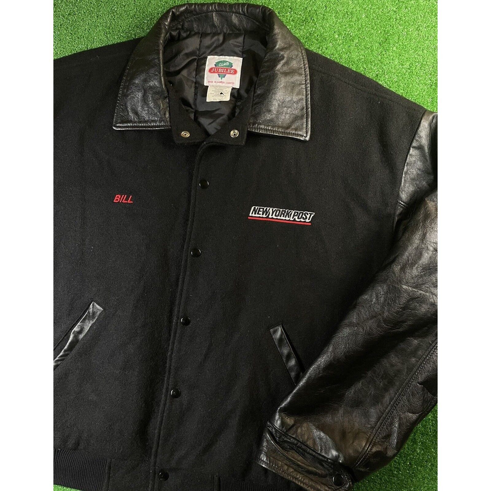 Image of Vintage 90's New York Post Black Leather Varsity Jacket, Men's (Size 2XL)