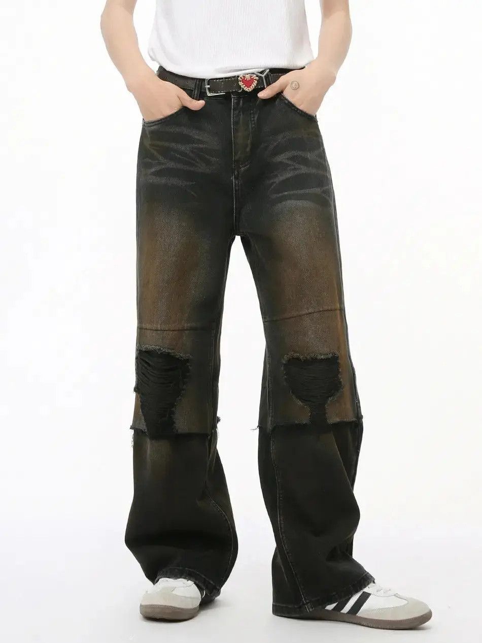Japanese Brand Retro loose straight leg ripped jeans Size US 32 / EU 48 - 4 Thumbnail