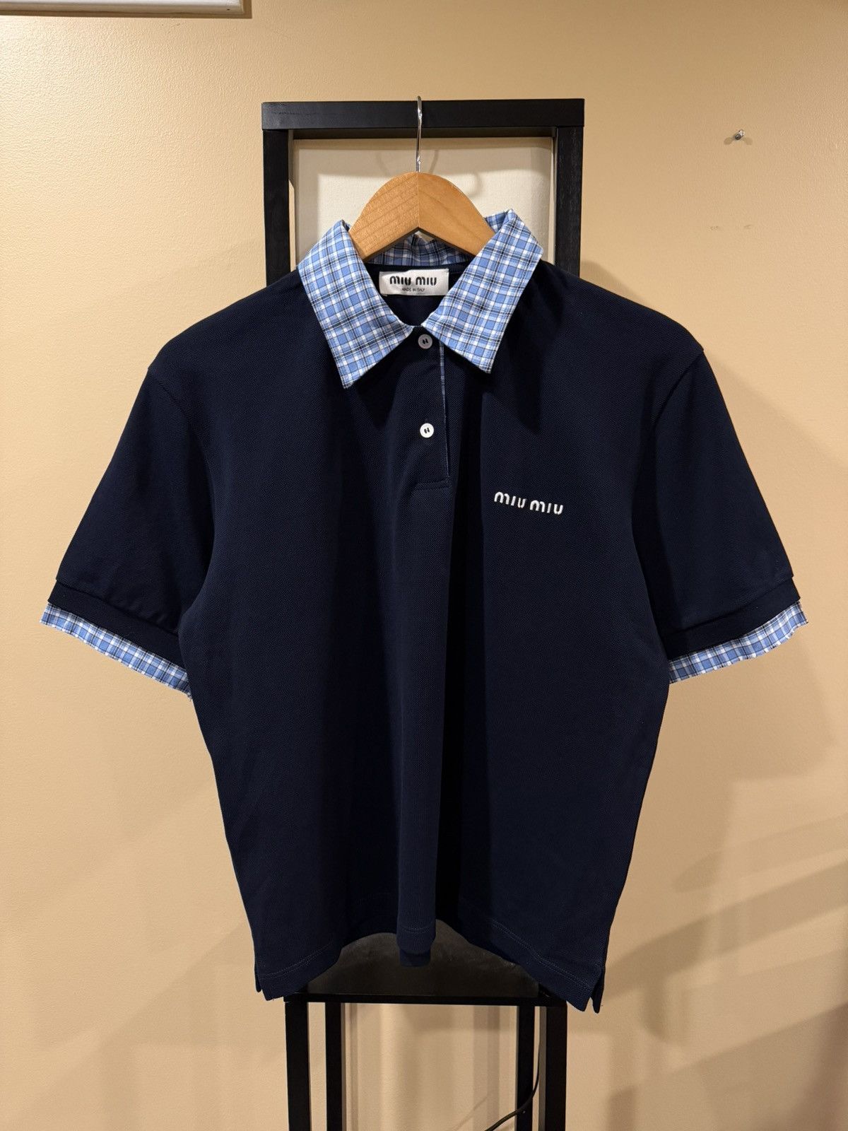 トップス Miu Miu SS2024 Pique & Poplin Polo Shirt Miu Miu Miu Miu Navy SS 2024 Pique & Poplin Plaid Collar Polo