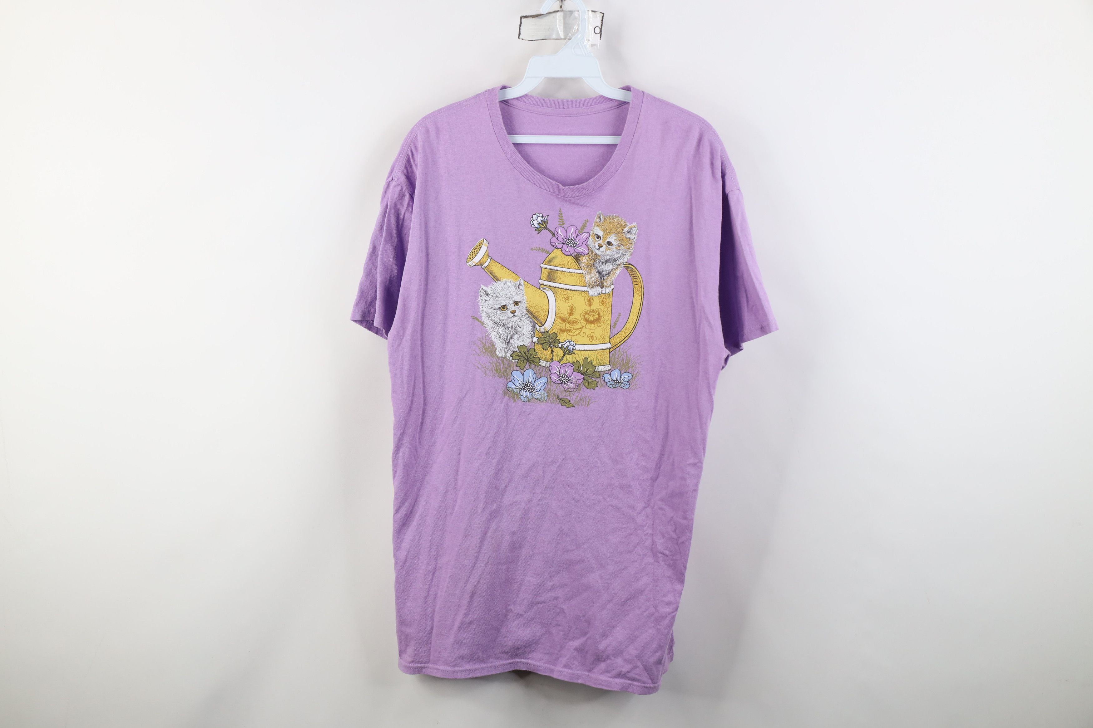 Vintage Vintage 90s Y2K Babydoll Flower Cat Kitten T-Shirt Purple Size L / US 10 / IT 46 - 1 Thumbnail
