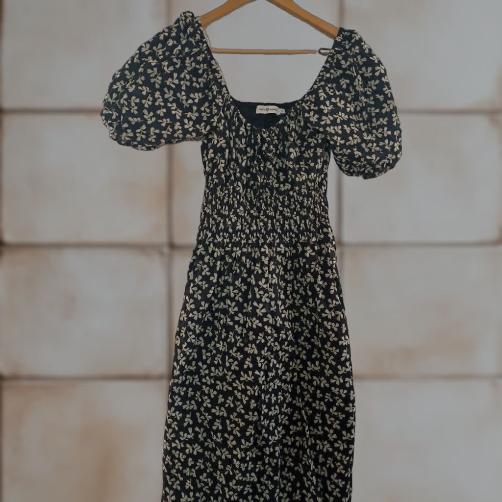 Tory Burch Smocked Midi Dress Black Little Leaves Size M Women Vintage No