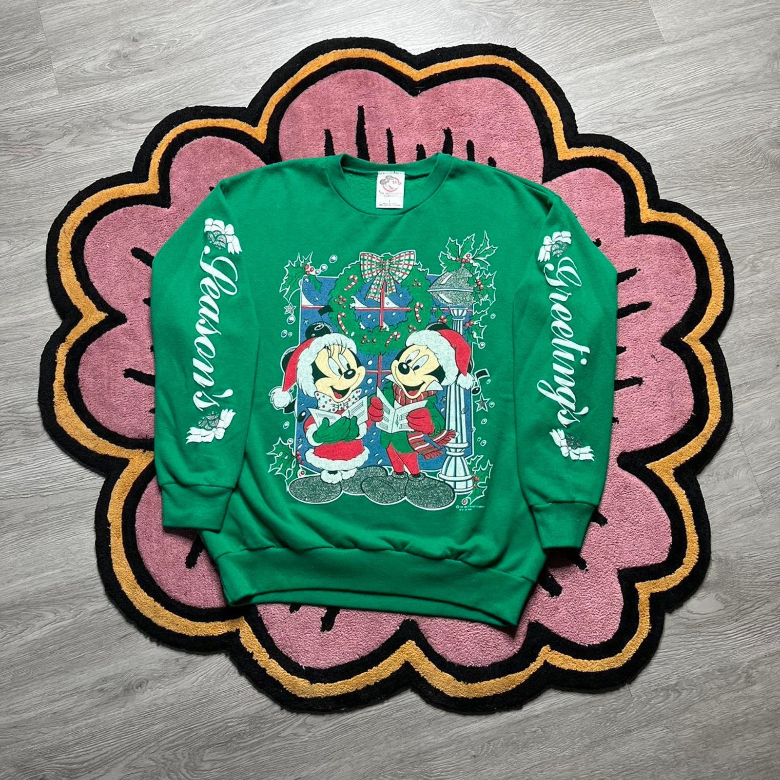 Disney × Mickey Mouse × Vintage Vtg Disney Mickey & Minnie Mouse Season Greeting Sweatshirt Size US L / EU 52-54 / 3 - 1 Thumbnail