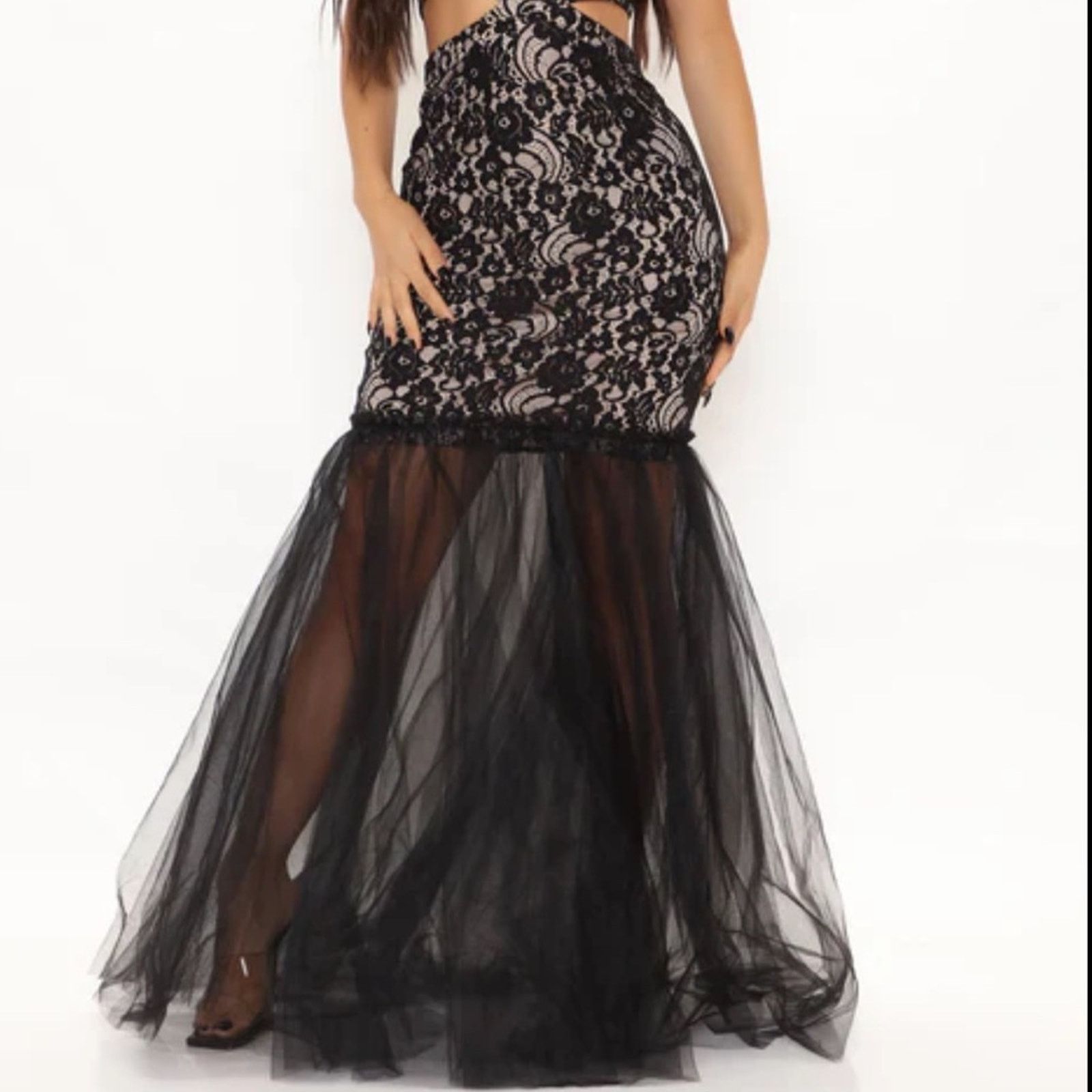 Other Fashion Nova Mermaid Lace Tulle Maxi Dress Black Nude Size S Size S / US 4 / IT 40 - 3 Thumbnail