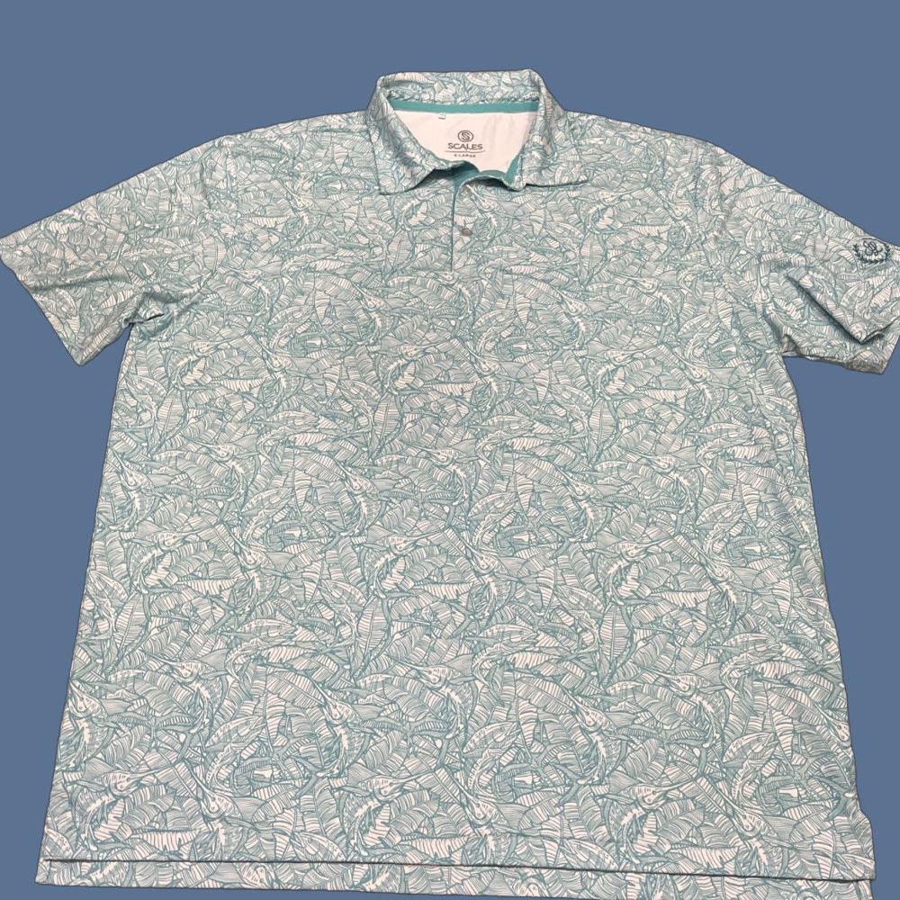 Vintage Scales Polo Shirt Mens XL Teal AOP Printed Golf Performance Stretch Shirt Size US XL / EU 56 / 4 - 1 Thumbnail