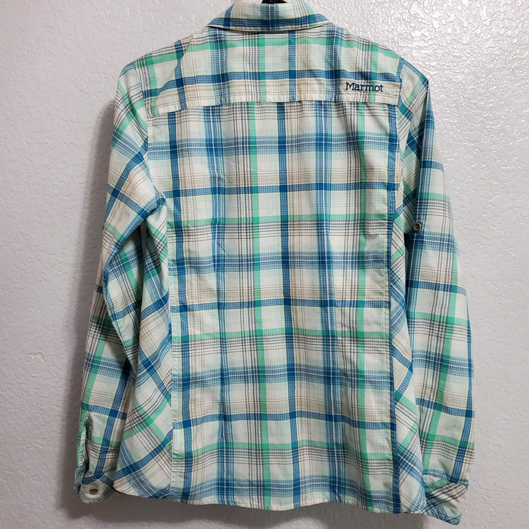 Marmot Marmot Shirt Women S White Blue & Green Plaid Button Up Roll Tab Sleeve Hiking Outdoors Size S / US 4 / IT 40 - 2 Thumbnail