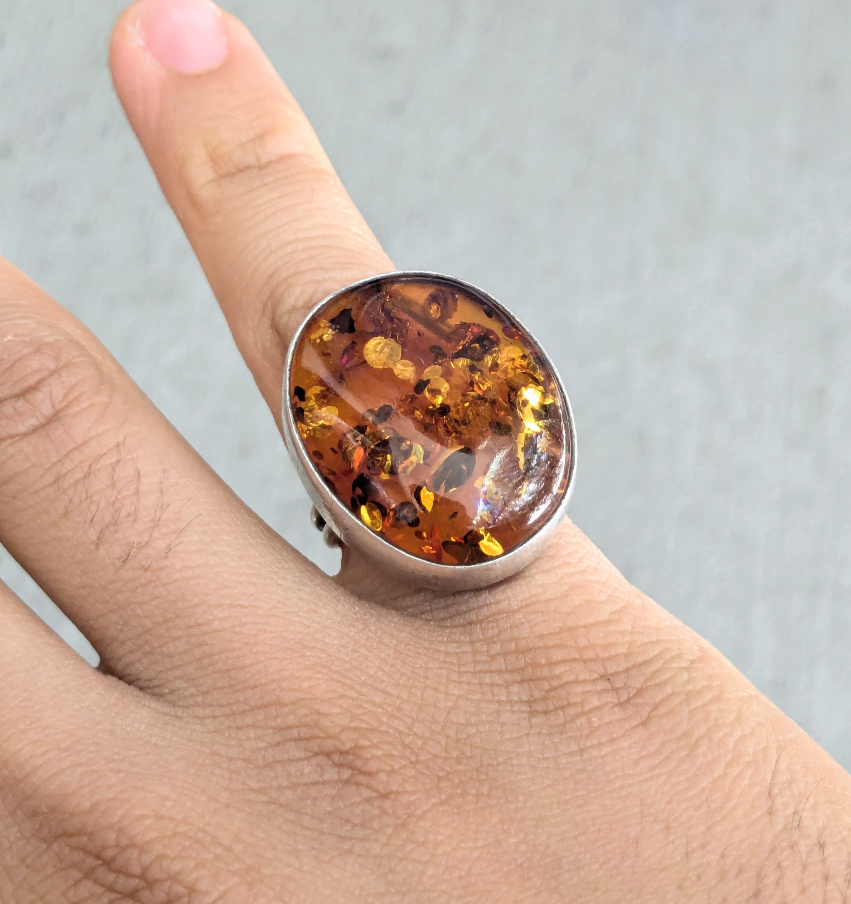 Vintage Vintage Sterling Silver Ring Orange Amber Oval Size ONE SIZE - 14 Thumbnail